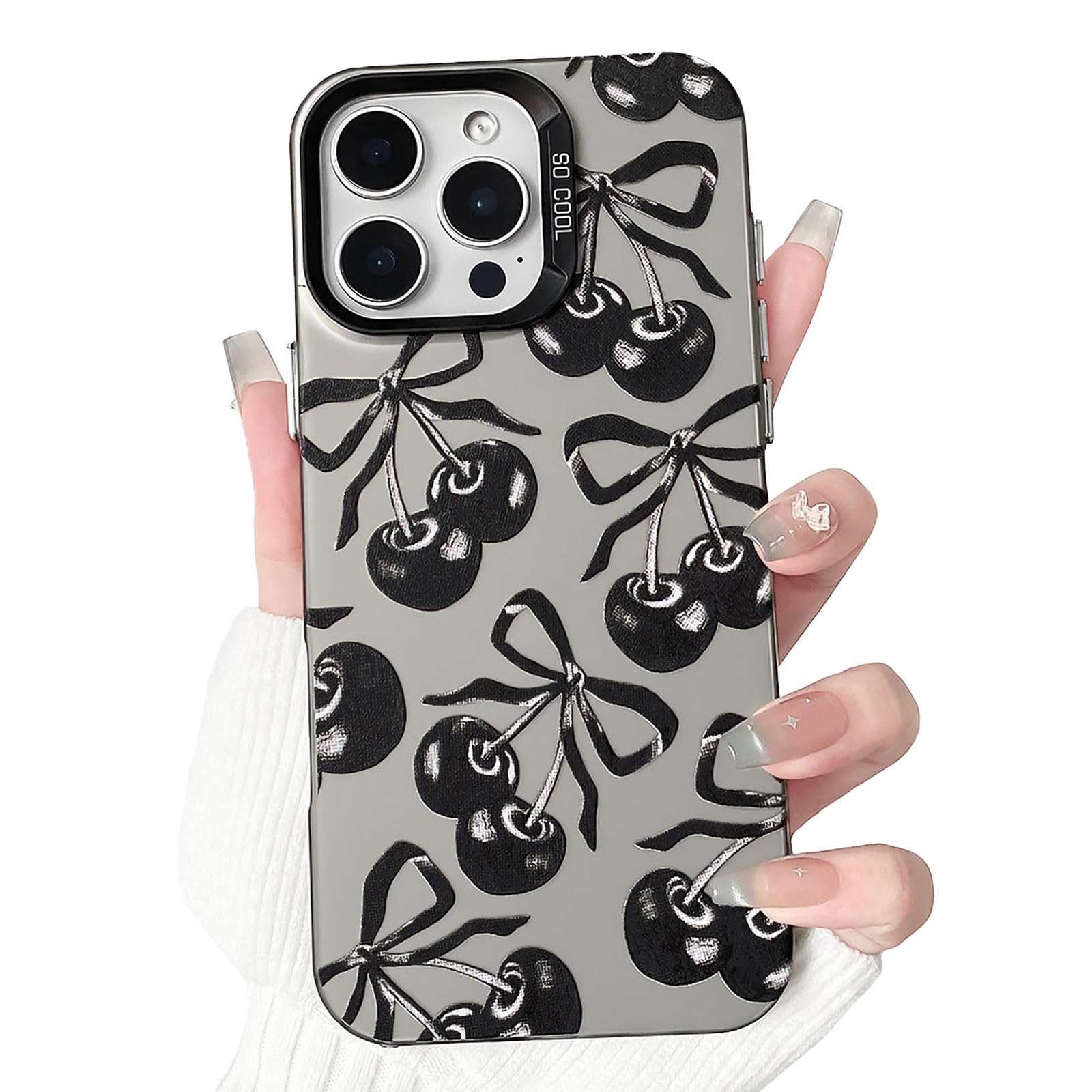 Lovmooful Compatible for iPhone 16 Pro Case Cute Cool Bow Cherry with Silver Design for Girls Women Soft TPU+PC Shockproof Protective Girly for iPhone