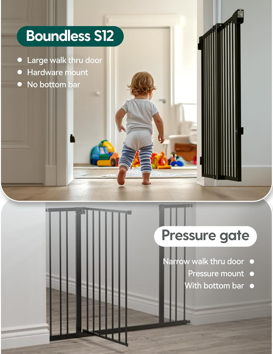 Babelio 29.7-46.5 No Bottom Bar Baby/Dog Gate for Stairs, House and Doorways, Auto Close Safety Pet Gates with Large Walk Thru Door, Hardware Mount, Black