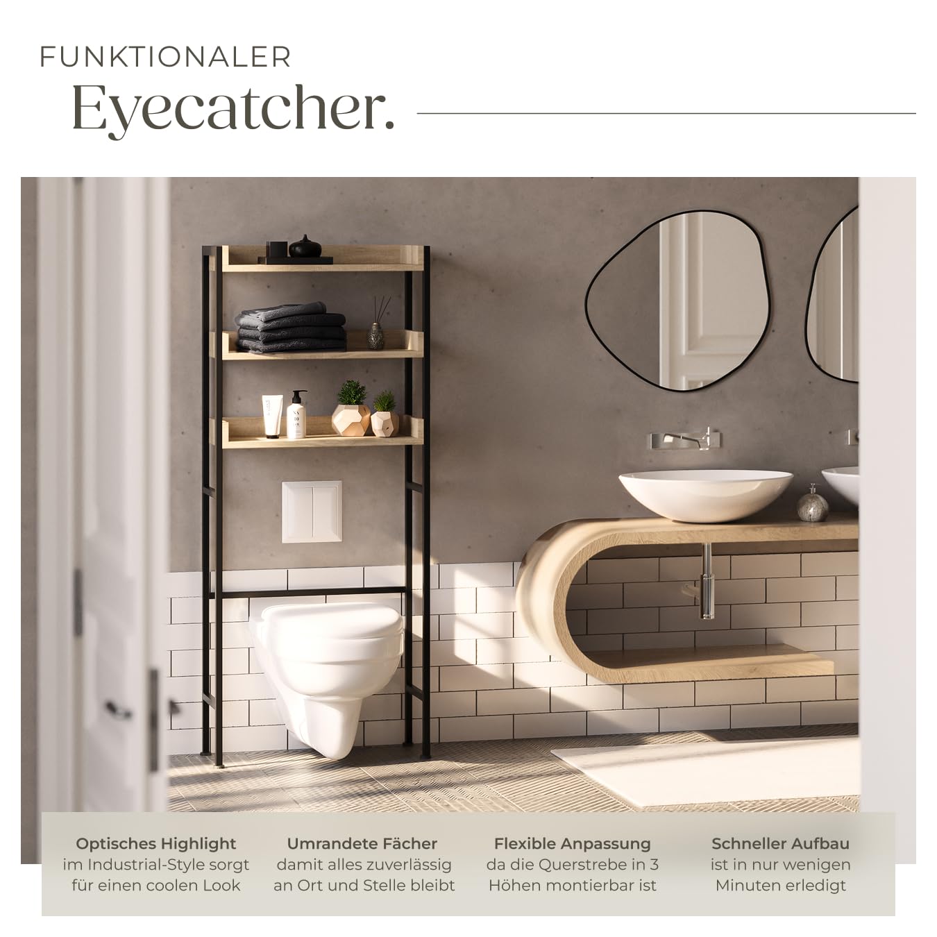 tectake Badezimmerregal mit 3 Ablagen, Badregal, Waschmaschinenregal, Industrial Design, Überbauschrank, Regal für Waschmaschine, Toilettenregal, 67 x25 x 165 cm - Industrial Holz hell, Eiche Sonoma