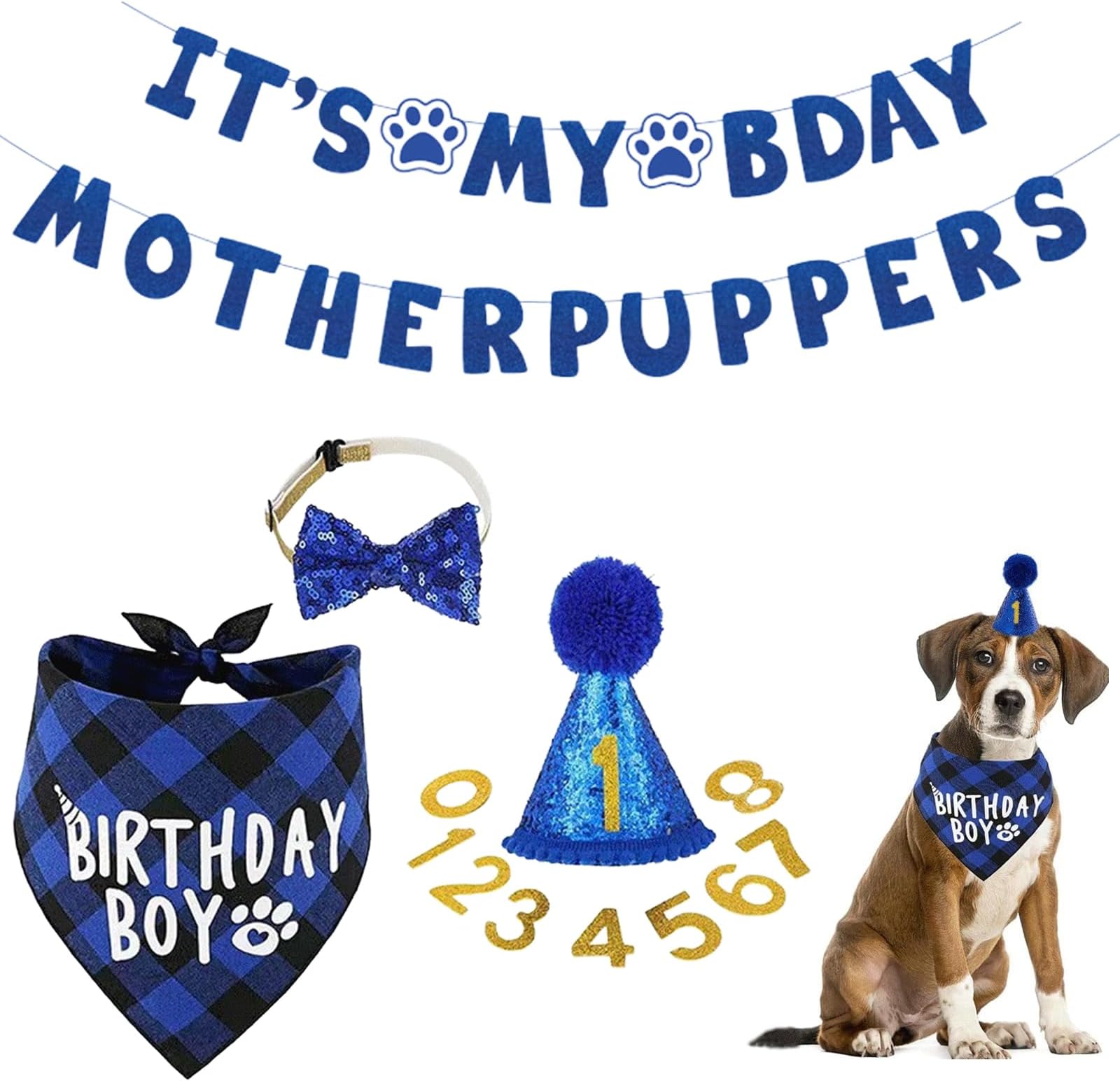 SANTUO Dog Birthday Decorations, Small and Medium Dog Birthday Hat Bandana Bow Tie Numbers and Banner with It's My Bday Mother Puppers Sign