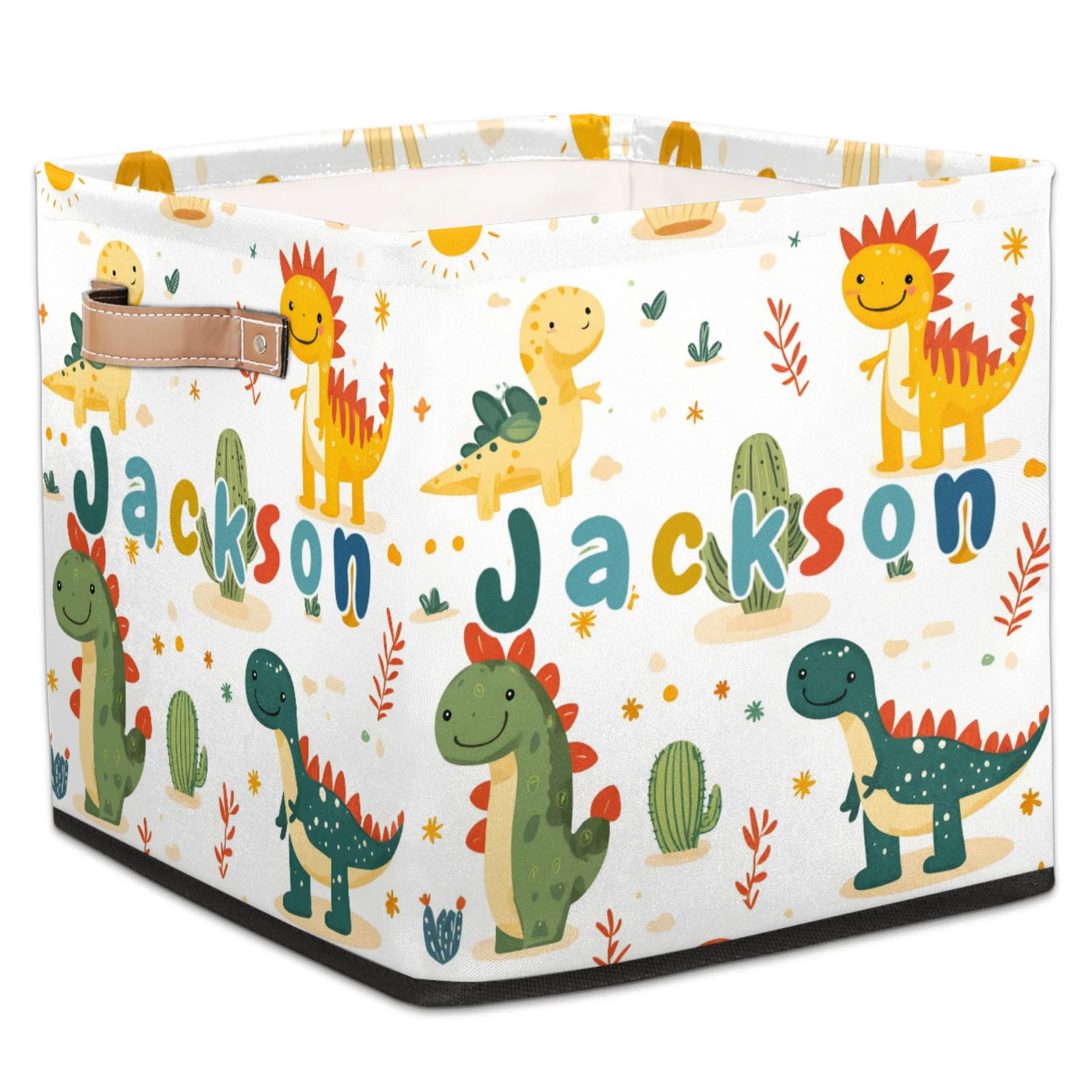 Foerrkelg Cute Dinosaur Storage Basket with Handle Personalized Foldable Storage Bin Custom Name Square Organizer for Kids Boys Girls Clothes Dolls