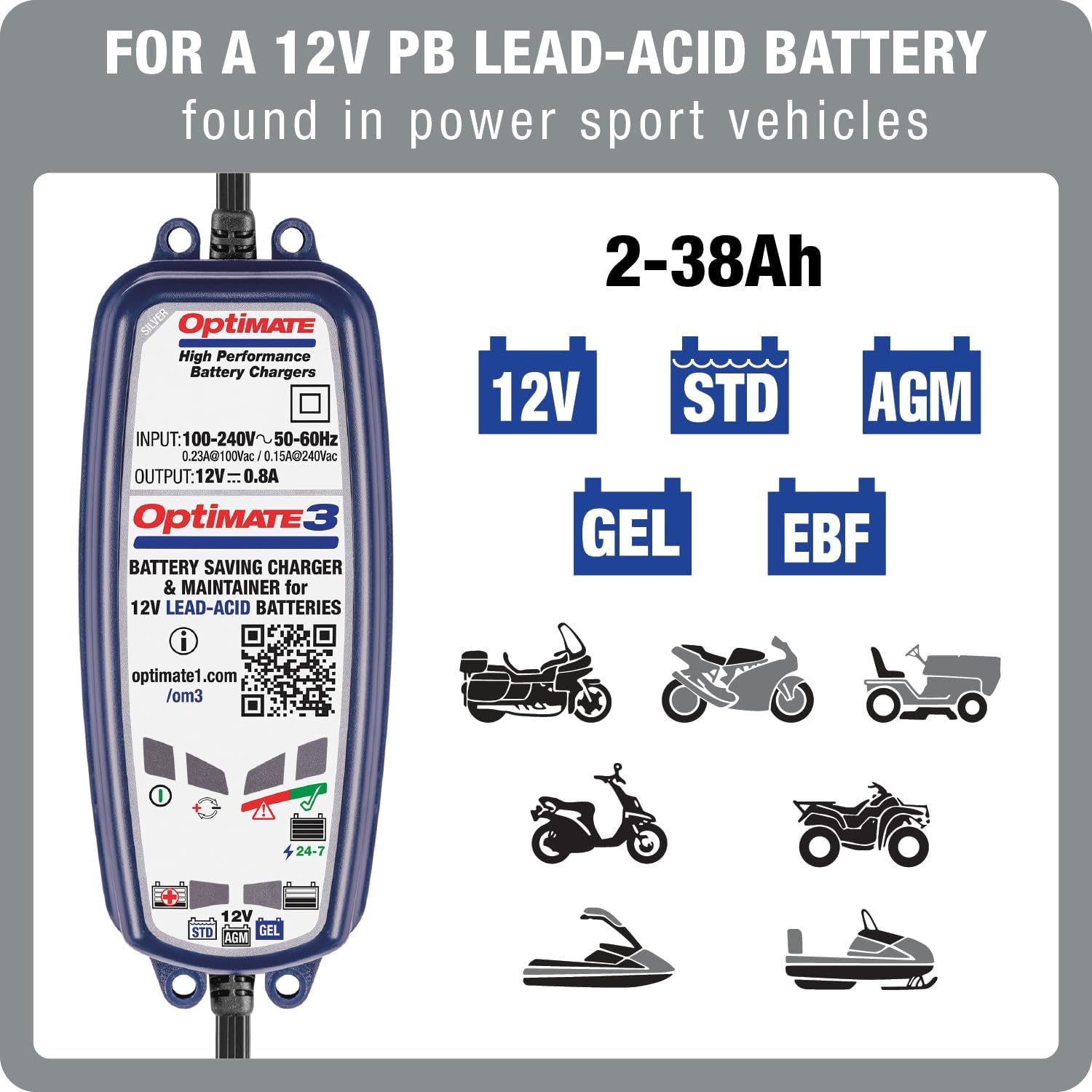 OptiMate3 0.8A, Smart Battery Saving Charger for 12V Lead-acid Motorcycle and Powersport Batteries