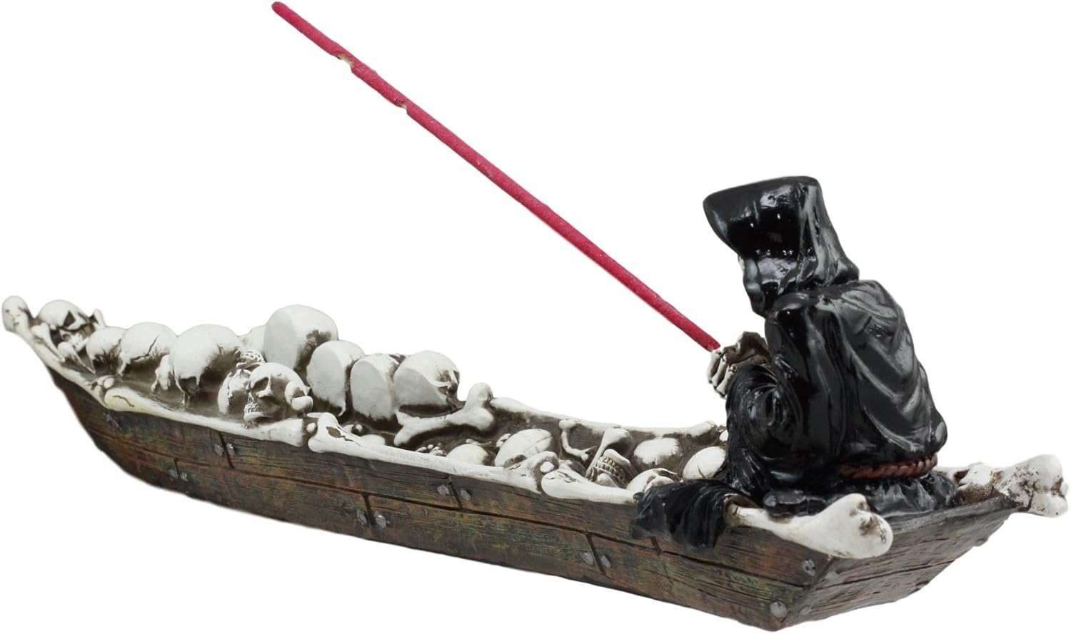 Ebros Grim Reaper Fishing On Boat of Skulls Incense Burner Statue 11.5" Long Charon On River Styx Figurine