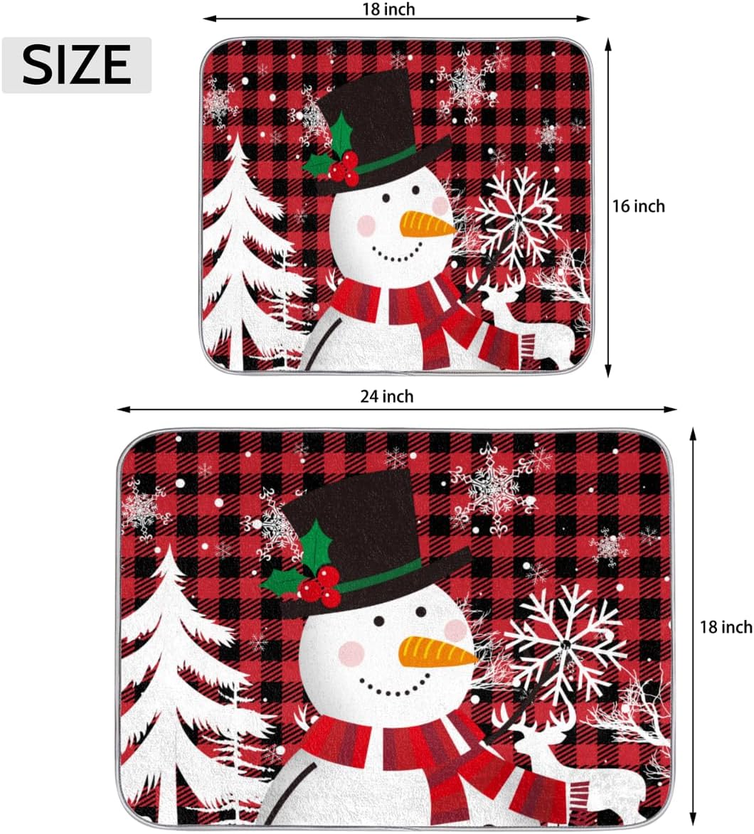 Xmas Snowman Checkered Dish Drying Mat for Kitchen Counter Red Buffalo Plaid Christmas Absorbent Drying Pad Countertop Dishes Drainer Mats Washable Coffee Bar Mats 18x24 Inch