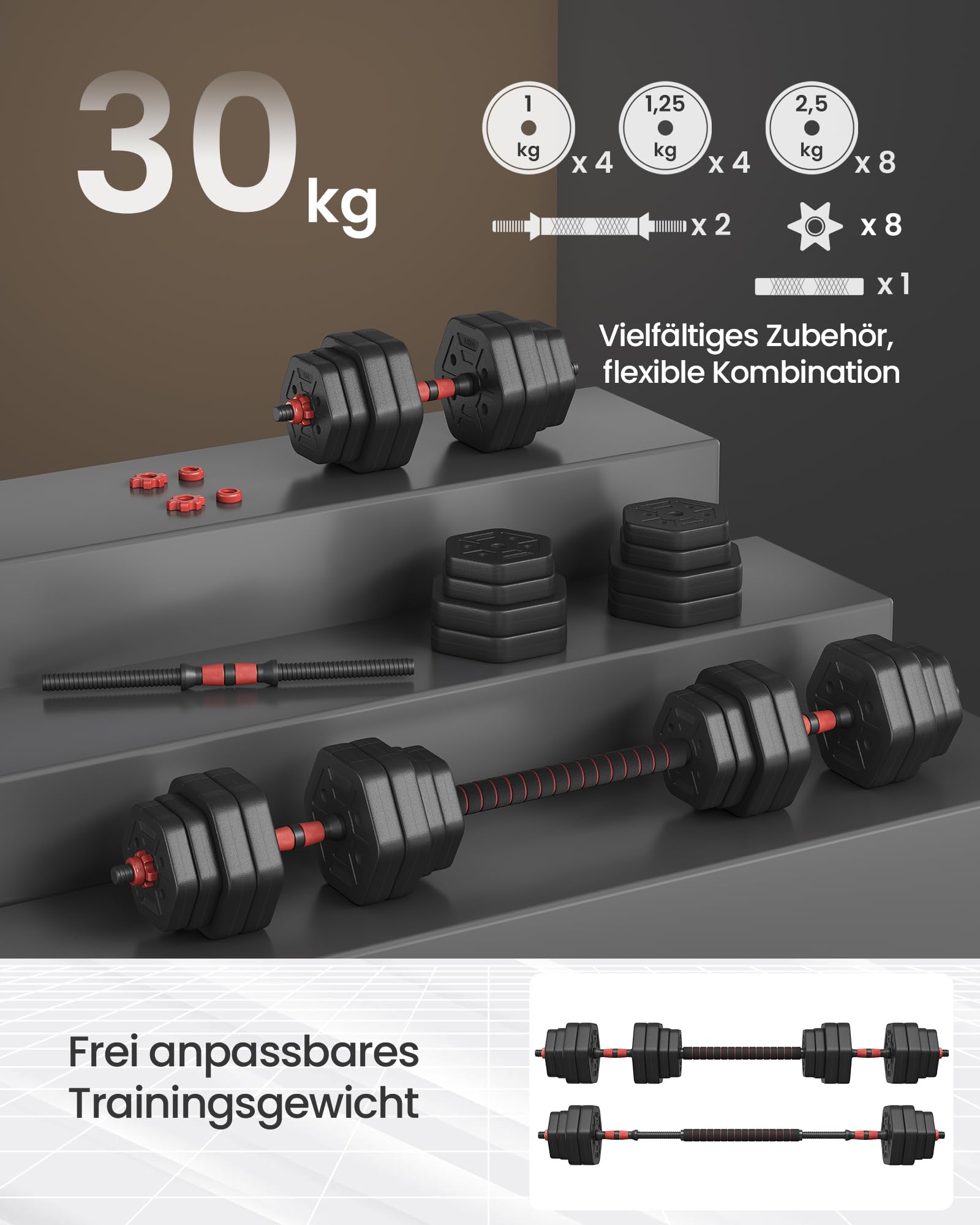 SONGMICS Hantelset, Hanteln mit Verbindungsstange, Hexagon, Kurzhantelset, 10 kg, 20 kg, 30 kg, 40 kg, für Workout, Fitnesstraining, Gewichtheben für Zuhause, Fitnessstudio