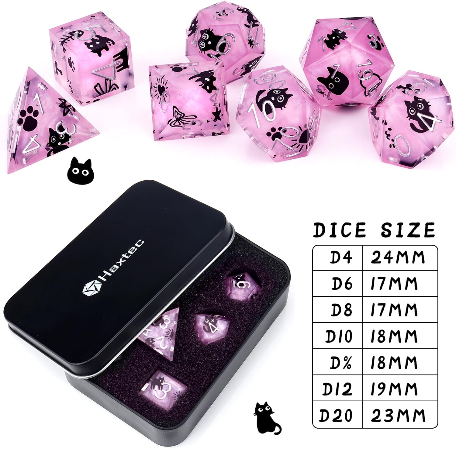 Haxtec Cat DND Dice Set Purple Sharp Edge Resin Dice Set with Dice Case, Handmade D and D Dice Polyhedral D&D Dice Set for TTRPGs Compatible with Dungeons and Dragons DND Gifts