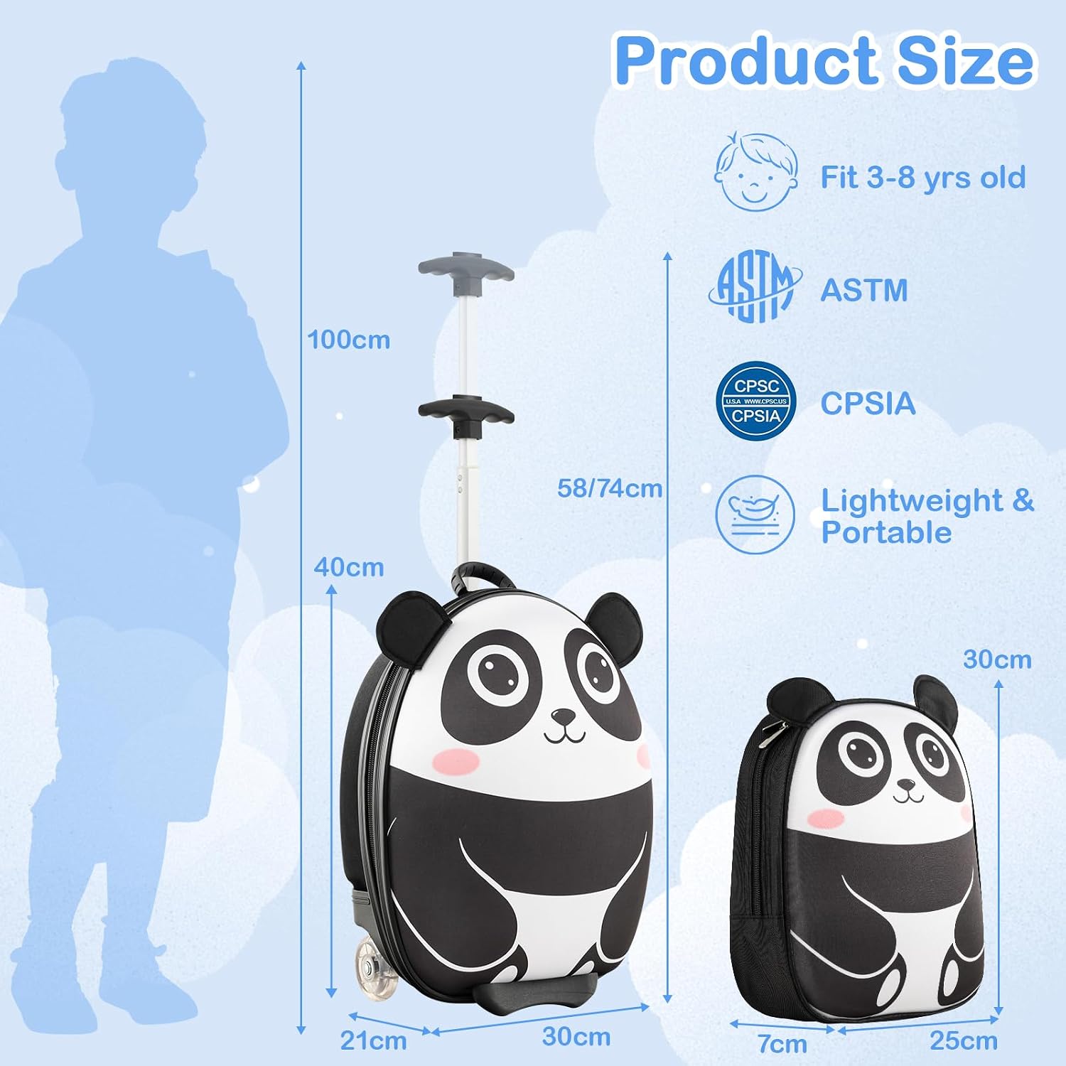 BABY JOY 2 Pcs Kids Luggage Set, 16" Rolling Suitcase w/ 12" Backpack, Airline Approved Design for Girls & Boys Children Toddlers, Kids Carry On Luggage with Wheels (Panda)