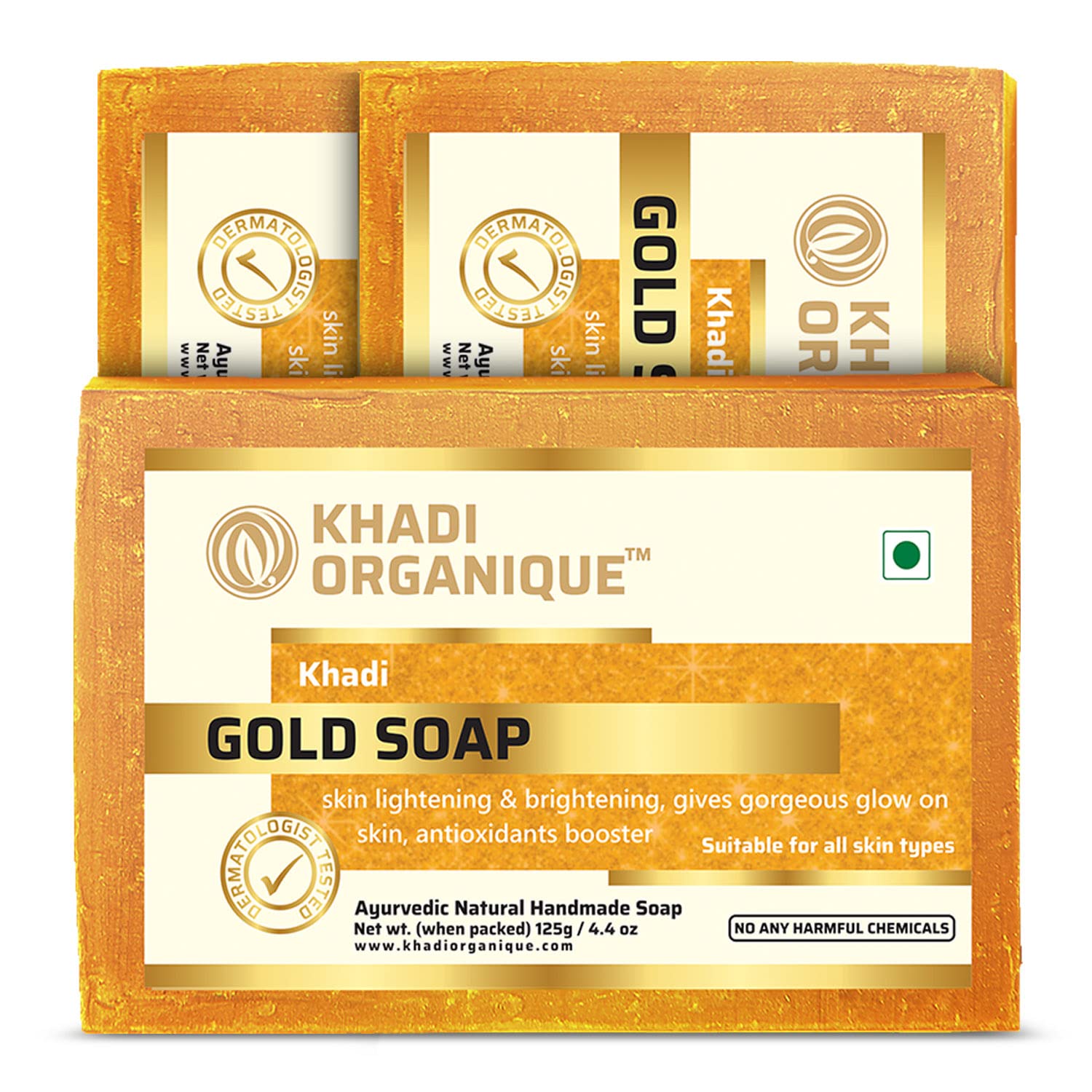 Khadi Organique Natural Herbal Gold Soap, Refresh Bathing Soap Bar For Men & Women For All Normal Skin 125g each, 375 gram (Pack of 3)