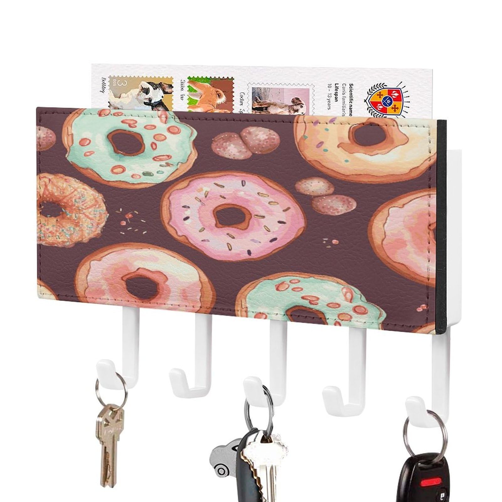 FekiLoot Pretty Donuts Key Holder for Wall Decorative Mail Organizer with 5 Key Hook Self Adhesive Key Rack with Tray Coat Rack Wall Mount Key Hanger Decor for Entryway Door
