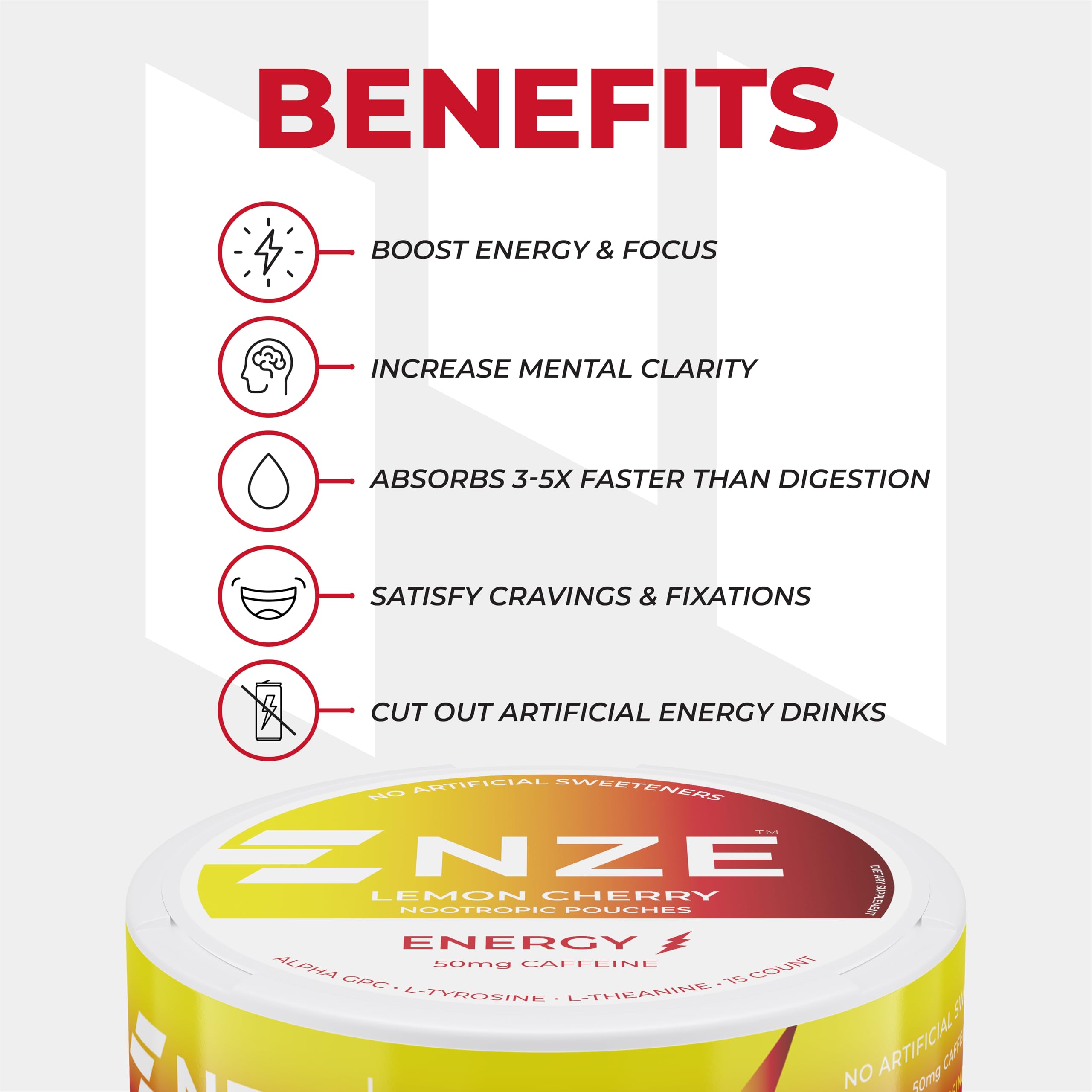 NZE Caffeine Nootropic Pouches (Variety Pack) - Energy Pouches with 50mg Caffeine, Alpha GPC, L-Tyrosine & L-Theanine with No Sugar or Artificial Sweeteners - 15 Pouches Per Can - 5 Pack — Amazon image 5