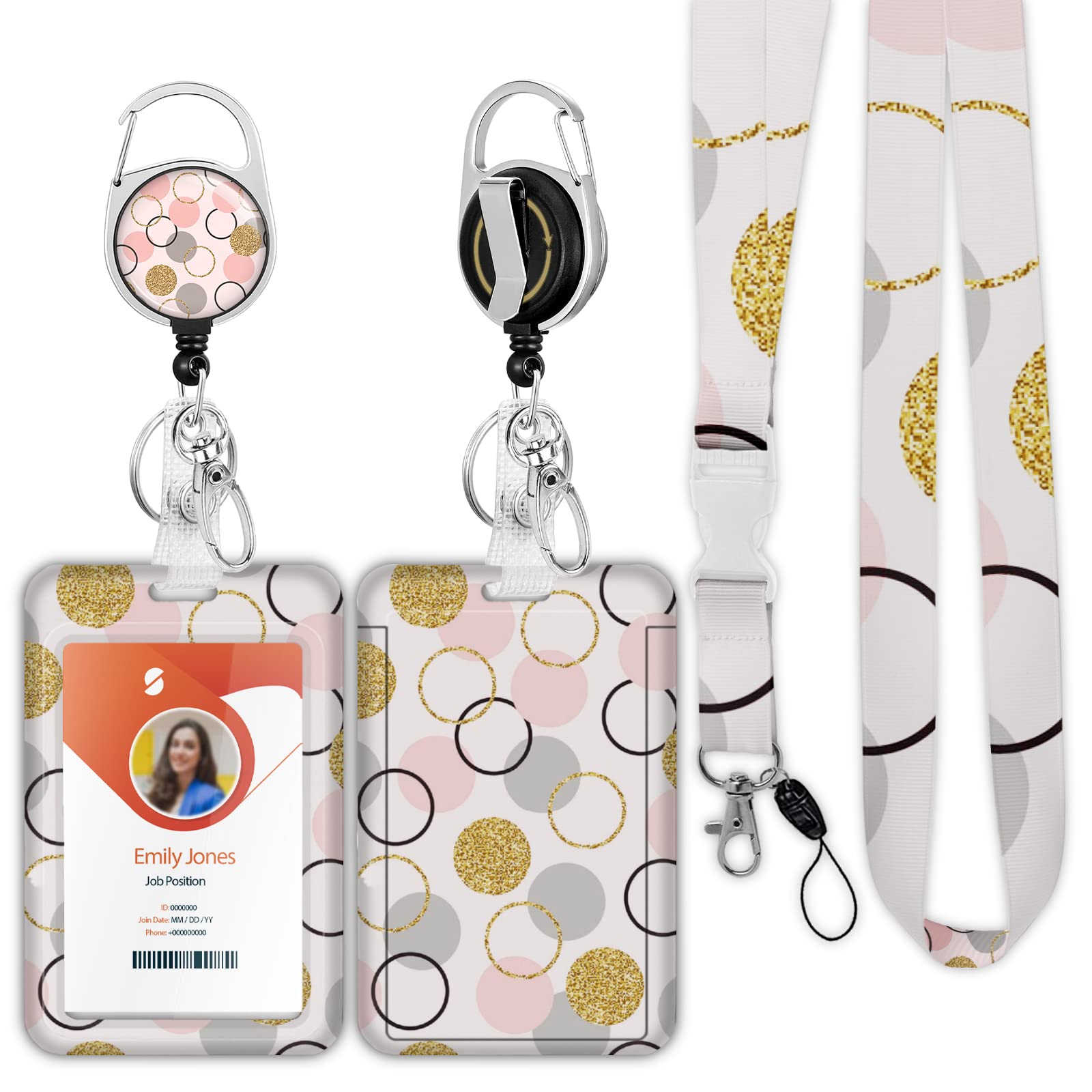 ID Badge Holder with Lanyard,Retractable ID Badge Card Holders Detachable Neck Lanyard Strap with Badge Reel and Vertical ID Holder for Nurse Students Teachers Office Staff(Golden Pink Dot)