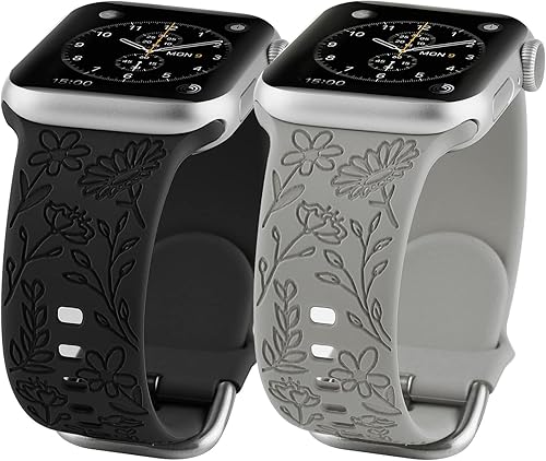 Miniatura 8 de Paquete de 2 correas deportivas grabadas con flores compatibles con correas de Apple Watch de 1.496 pulgadas, 1.575 pulgadas, 1.614 pulgadas,