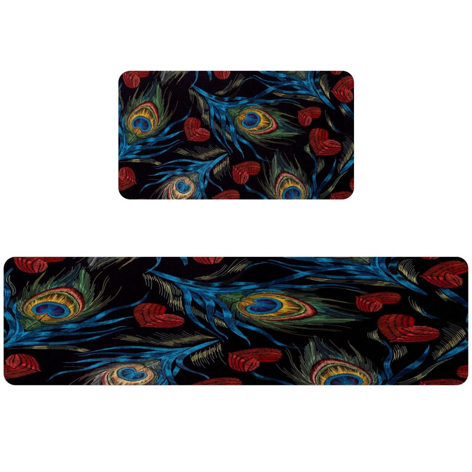 Tapis de cuisine antidérapants et lavables avec plumes de paon brodées | Lot de 2