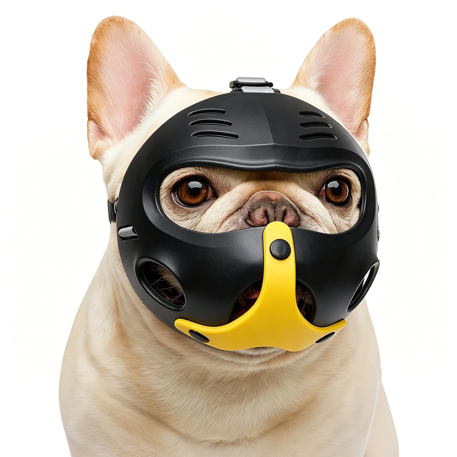 Photo 1 of PlantPrime French Bulldog Muzzle, Adjustable Soft EVA Anti Biting & Eating Muzzle, Breathable Lightweight for Small Medium Big Dogs, Prevents Barking Chewing (Black)