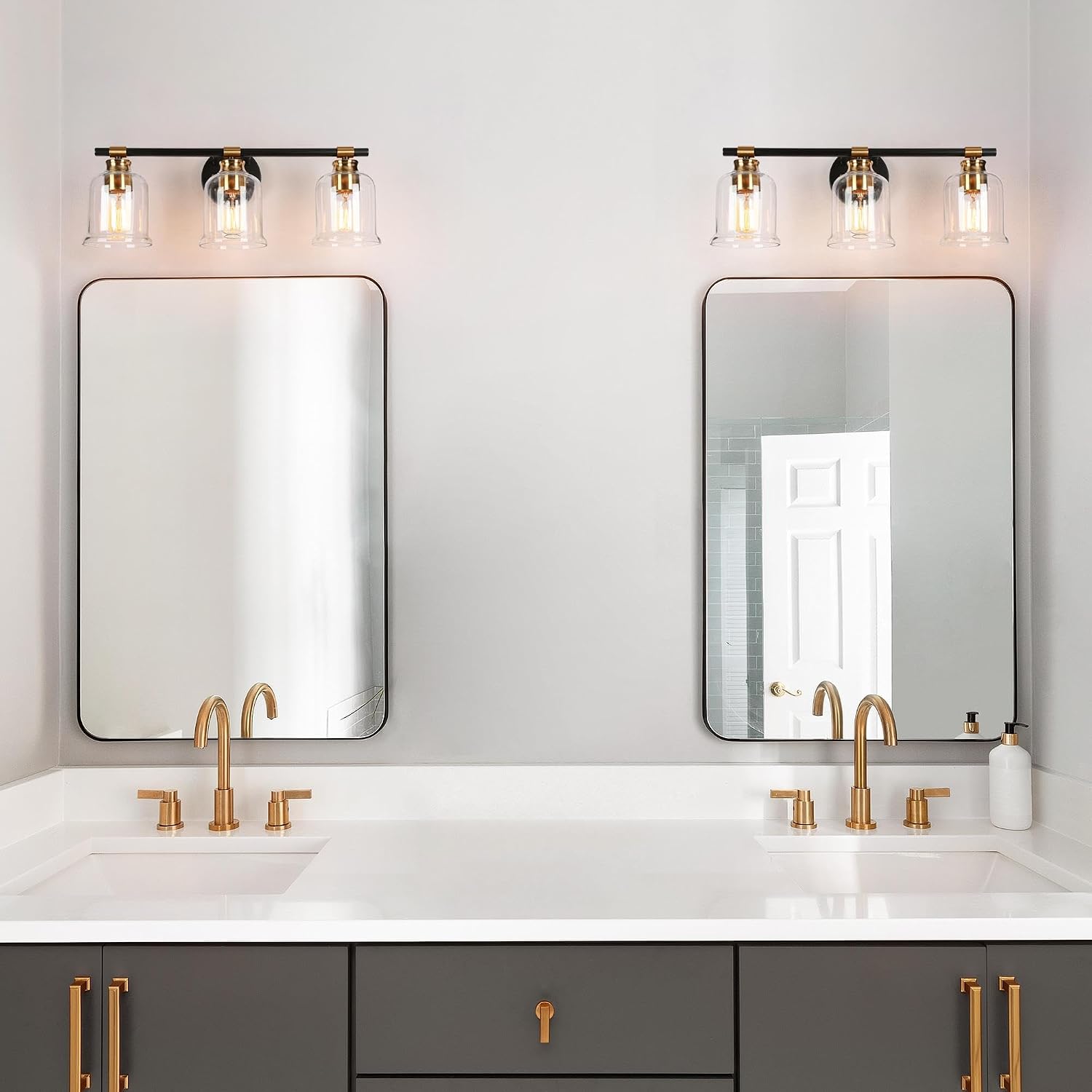 Bathroom Light Fixtures, 3-Light Black & Gold Bathroom Vanity Light, Modern Bathroom Wall Lights with Clear Bell Glass Shade, Bathroom Wall Lamp for Mirror Hallway Cabinet