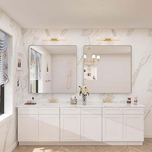 Miniatura 8 de CHARMOR Espejo de baño cuadrado plateado de 36 x 36 pulgadas para pared, espejo de tocador de baño con marco de metal cepillado, espejo rectangular