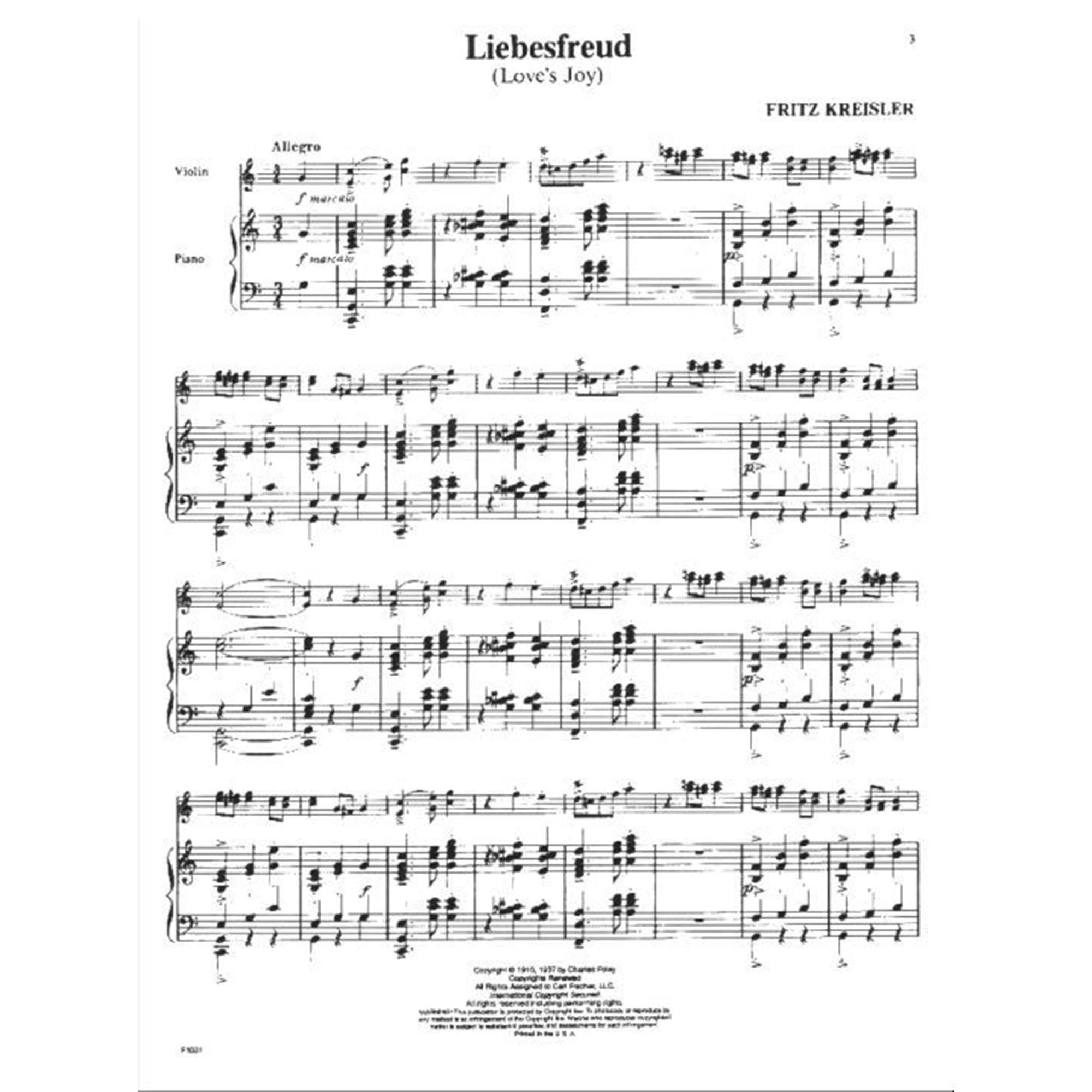 Carl Fischer Liebesfreud (Love's Joy) for Violin and Piano