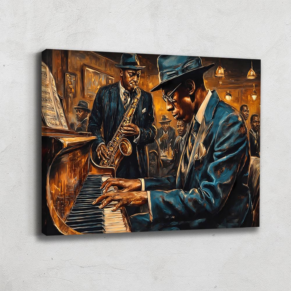 Alessio Cacciatore Quadro Jazzmann - Poster decorativo da parete musicale - Stampa su tela africana - Quadro sassofonista - Decorazione da parete bar - Tela moderna Design Soggiorno (60 x 40 cm)
