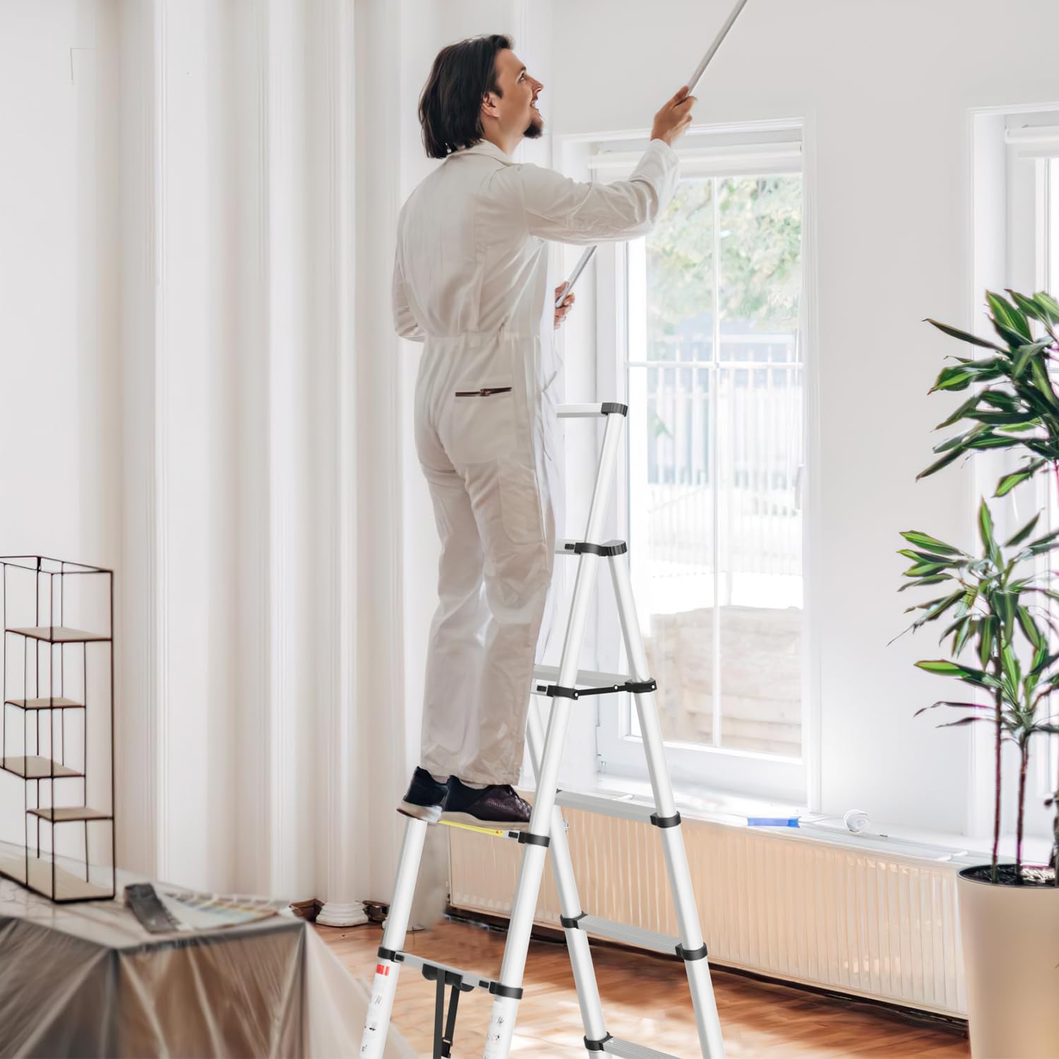 2,0m + 2,3m Klappleiter Teleskop Klappbar Teleskopleiter Aluminiumleiter Ausziehleiter Teleskopleiter Schiebeleiter Stehleiter Leiter Stabilität Maximale Tragkraft von 150kg Gerüstleiter