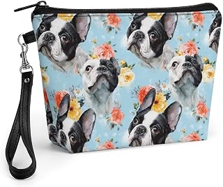 French Bulldog Floral Women's Makeup Bag for Purse | Small Toiletry Bag Zippered Cosmetic Pouch Travel Organizer with Strap