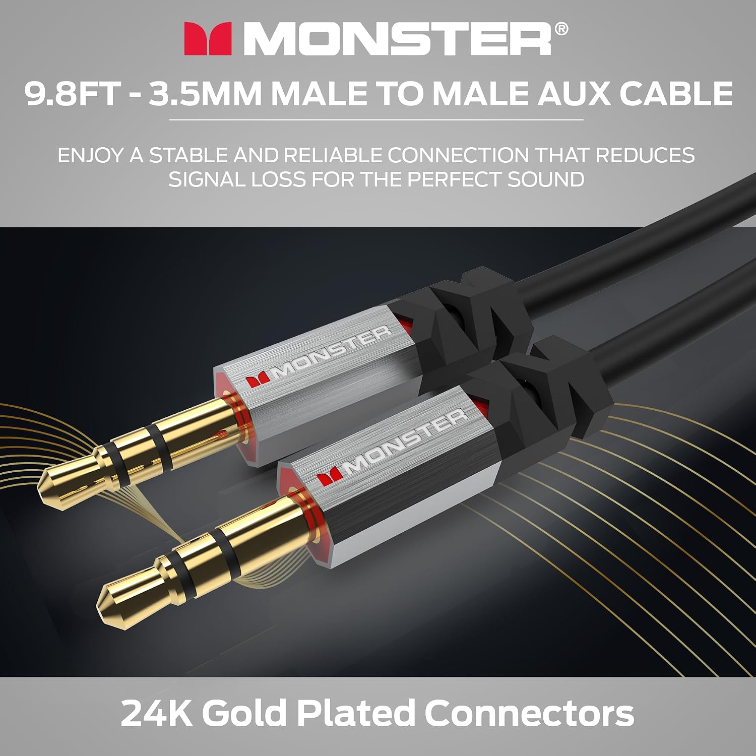 Monster Gen2 Essentials Audio Cable 3.5mm Male to Male Aux Cord, 9.8FT, Gold-Plated Connectors, Duraflex Jacket, for Car, Headphones, Smartphones, Home Audio Systems