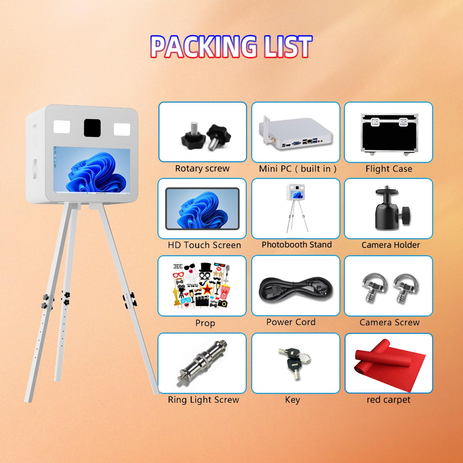 Statyw DSLR Photobooth Machine z ekranem dotykowym 54.6 cm, regulacja wysokości, do selfie weselnych (biały, pełny zestaw)