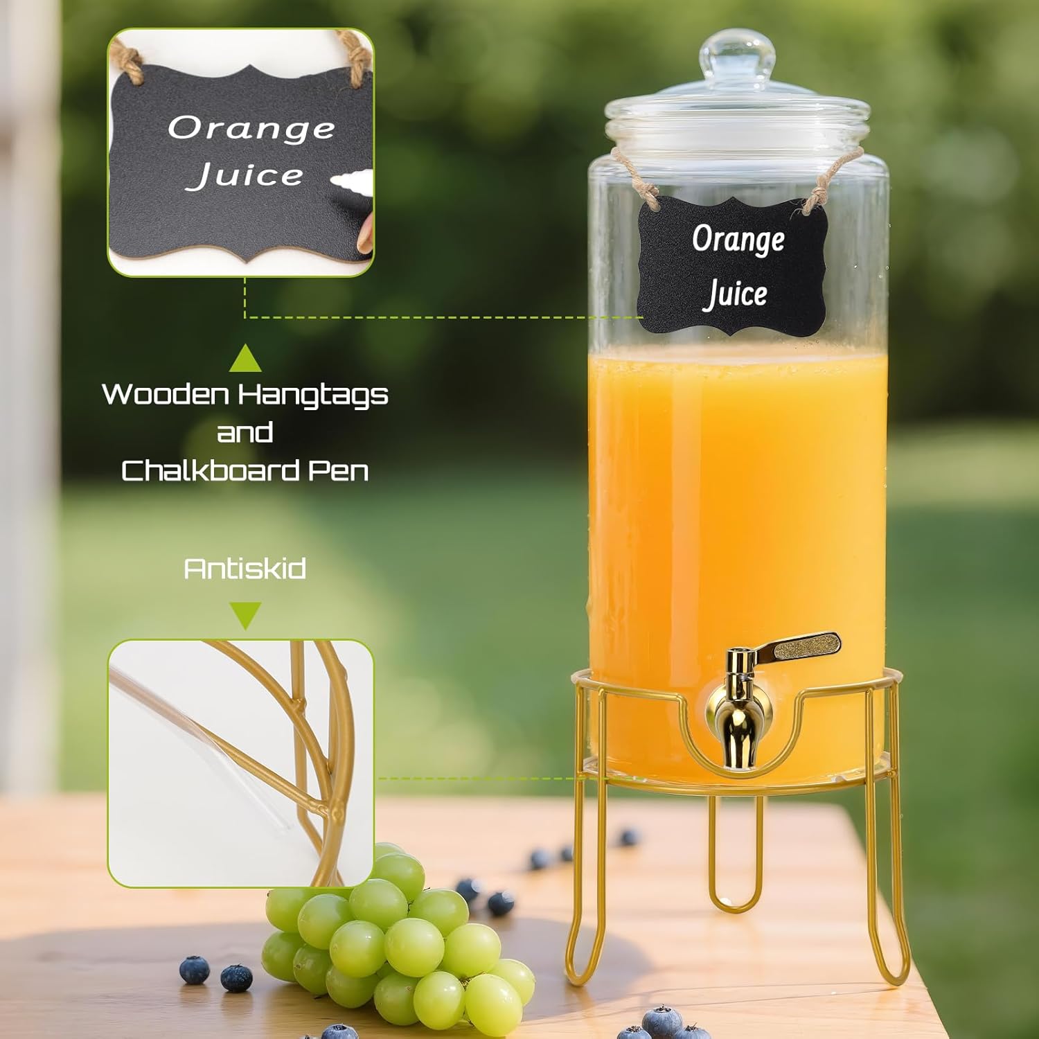 DHSBTLS 1.5 Gallon Glass Drink Dispensers, Round Beverage Dispenser for Party, BBQ and Picnic, Clear Airtight Juice Dispenser with Golden Stand, Stainless Steel Spigot, Markers and Chalkboard - Image 6