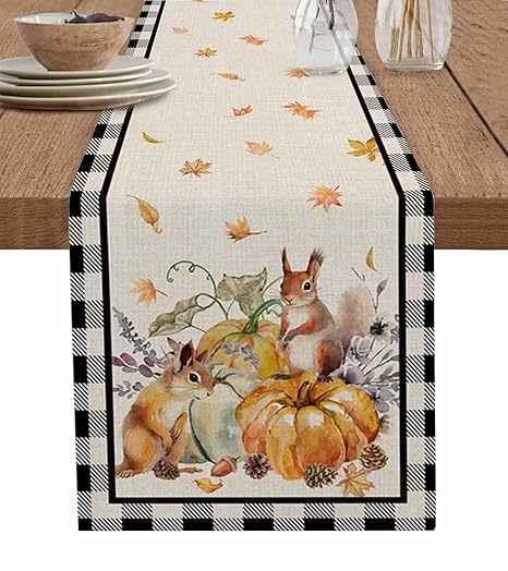 Thanksgiving Fall Table Runner 13x60 Inch Watercolor Squirrel Pumpkin Maple Leaves Table Runners Linen Dresser Scarves for Kitchen Dinning Holiday Tables Decor,Buffalo Plaid on Burlap