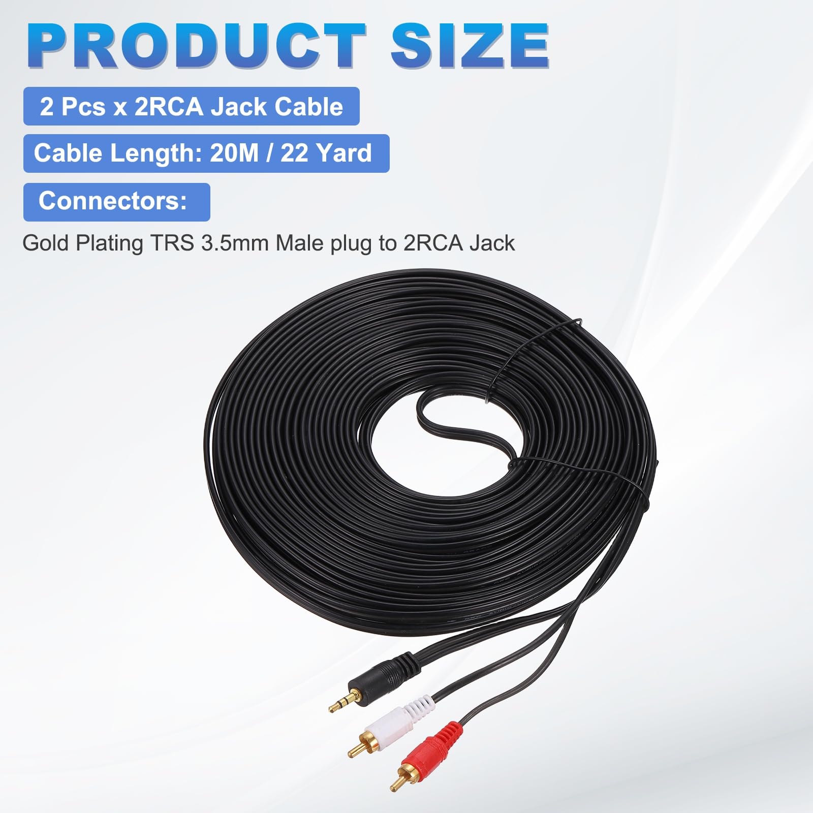 MECCANIXITY 2 cables TRS de 3,5 mm macho a conector 2RCA, 20 m (22 yardas), núcleo de cobre de 3 mm, cable AUX de audio de PVC para transmisión de sonido de alta fidelidad a TV, amplificador, altavoz