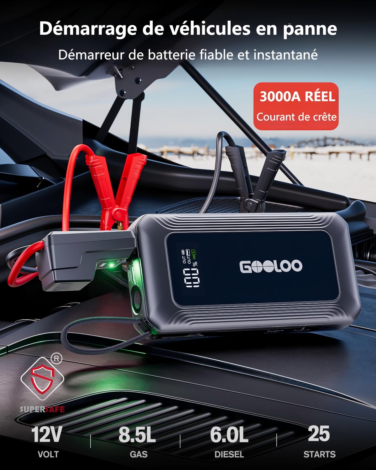 GOOLOO Démarreur Portable pour Voiture 3000A, Batterie de Secours avec Charge Rapide USB-C 45W, Lampe Torche LED, pour Moteurs Essence Jusqu‘à 8.5L / Diesel 6L (12V)