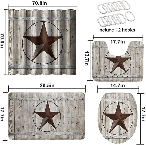 Miniatura 4 de Texas Star - Juego de 4 cortinas de ducha con alfombras de madera, estrellas oxidadas, estilo occidental, retro, granja, 4 piezas, alfombras de baño