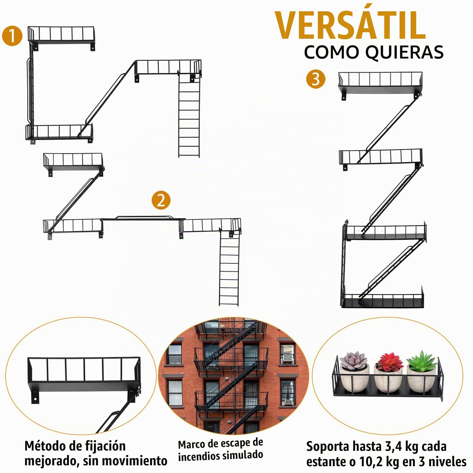 Zonon Estante de escape de incendios para colgar en la pared, estantería de metal para colgar, decoración de escalera de metal, organizador de pared de escape de incendios, estantes flotantes de
