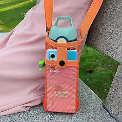 Suporte de garrafa de água com alça de ombro, bolsa de garrafa de água de malha para caminhadas e viagens (laranja)