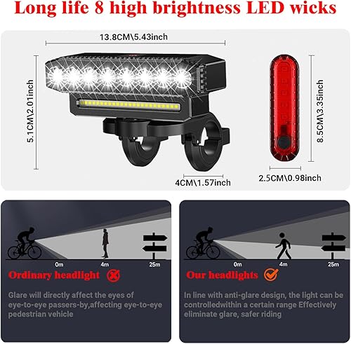 Miniatura 5 de Faro de bicicleta recargable impermeable con bocina - 6 modos LED, duración de la batería ultra larga, luz desmontable para bicicleta de montaña