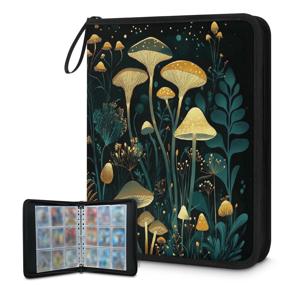 VQUVQV 9 Pocket Card Binder, 900 Cards Zip Binder for Standard Cards, Dark Forest Mushroom Garden Card Collection Folder Holder for Collectible Games, Sports