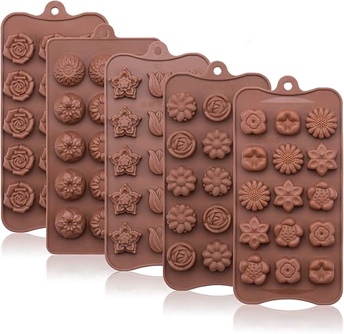 Miniatura 1 de Fewo Juego de 5 moldes de chocolate con flores, bandeja de silicona antiadherente y sin BPA para caramelos duros, gomitas, bombas de grasa Keto,