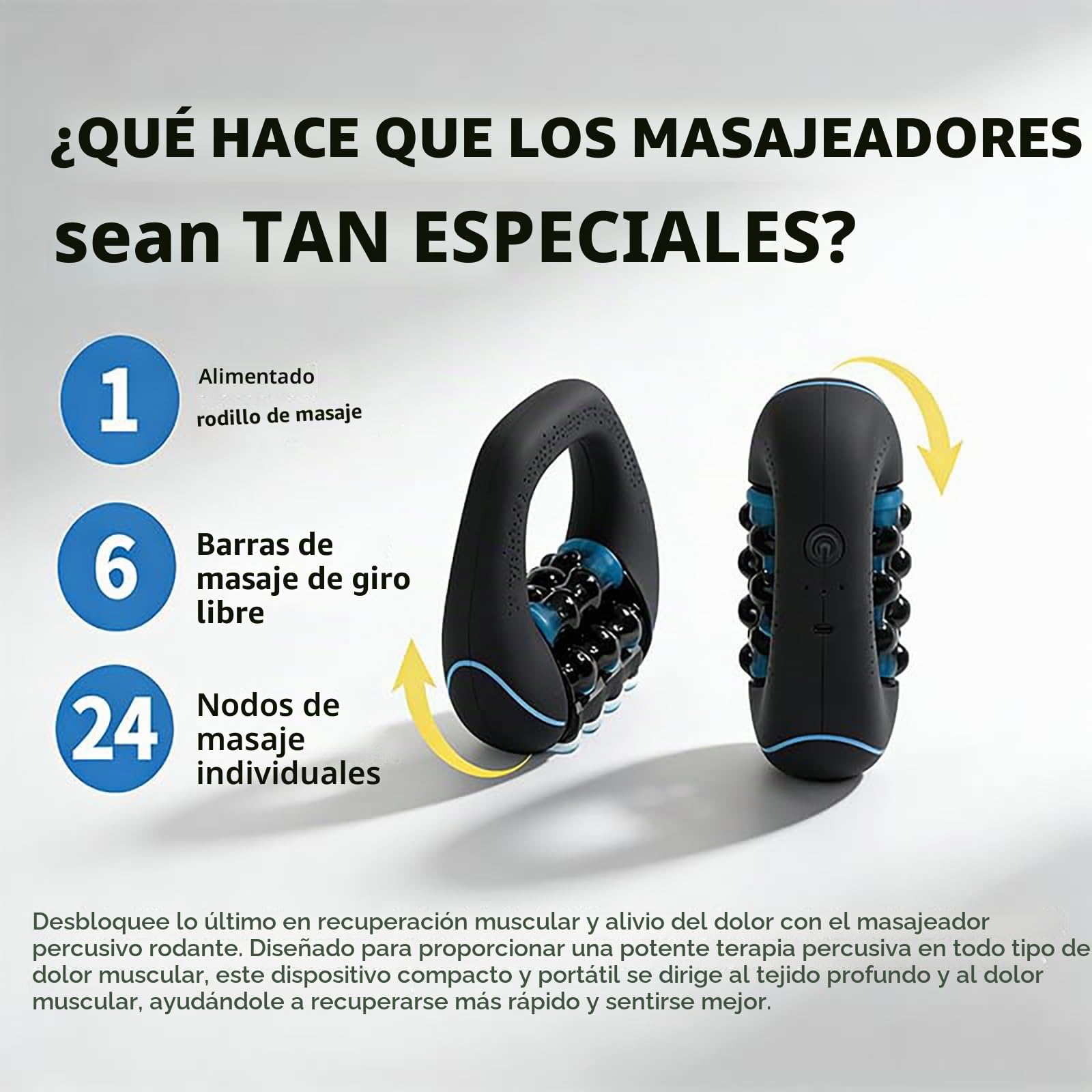Masajeador de Rodillos Eléctrico Portátil, Masajeador EléCtrico De Mano Con Rodillos, Mini Rodillo de Percusión, 3 Niveles De Intensidad, 24 Cabezales De Masaje Giratorios Para Espalda, Piernas