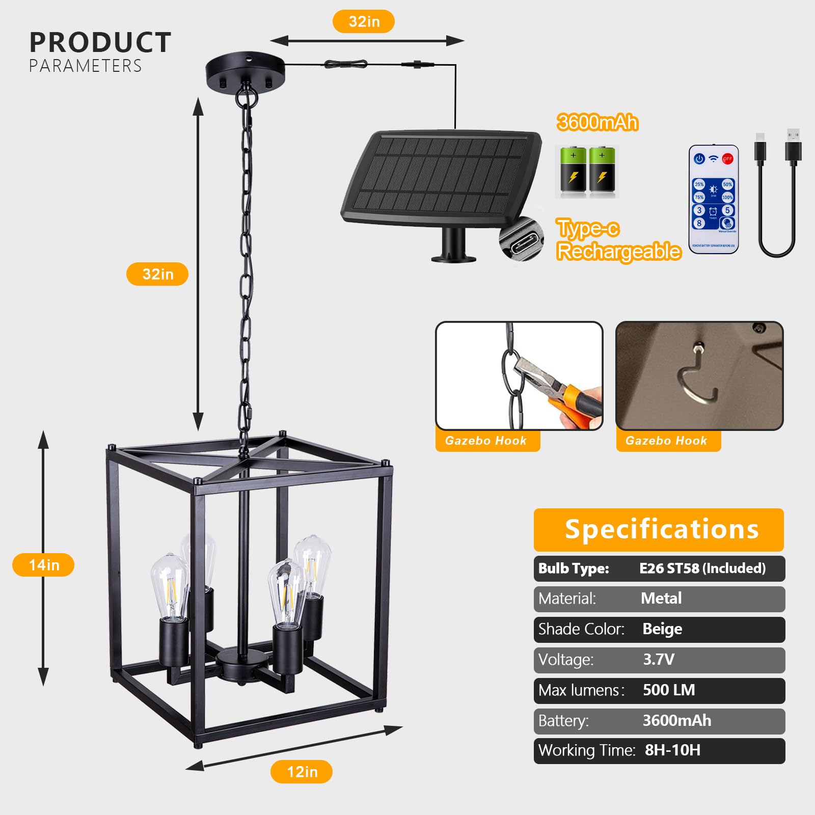 Lámpara de araña solar para exteriores, luces de cenador para exteriores, impermeable, lámpara colgante solar, lámpara de araña al aire libre para cenador, pérgola, decoración de toldo
