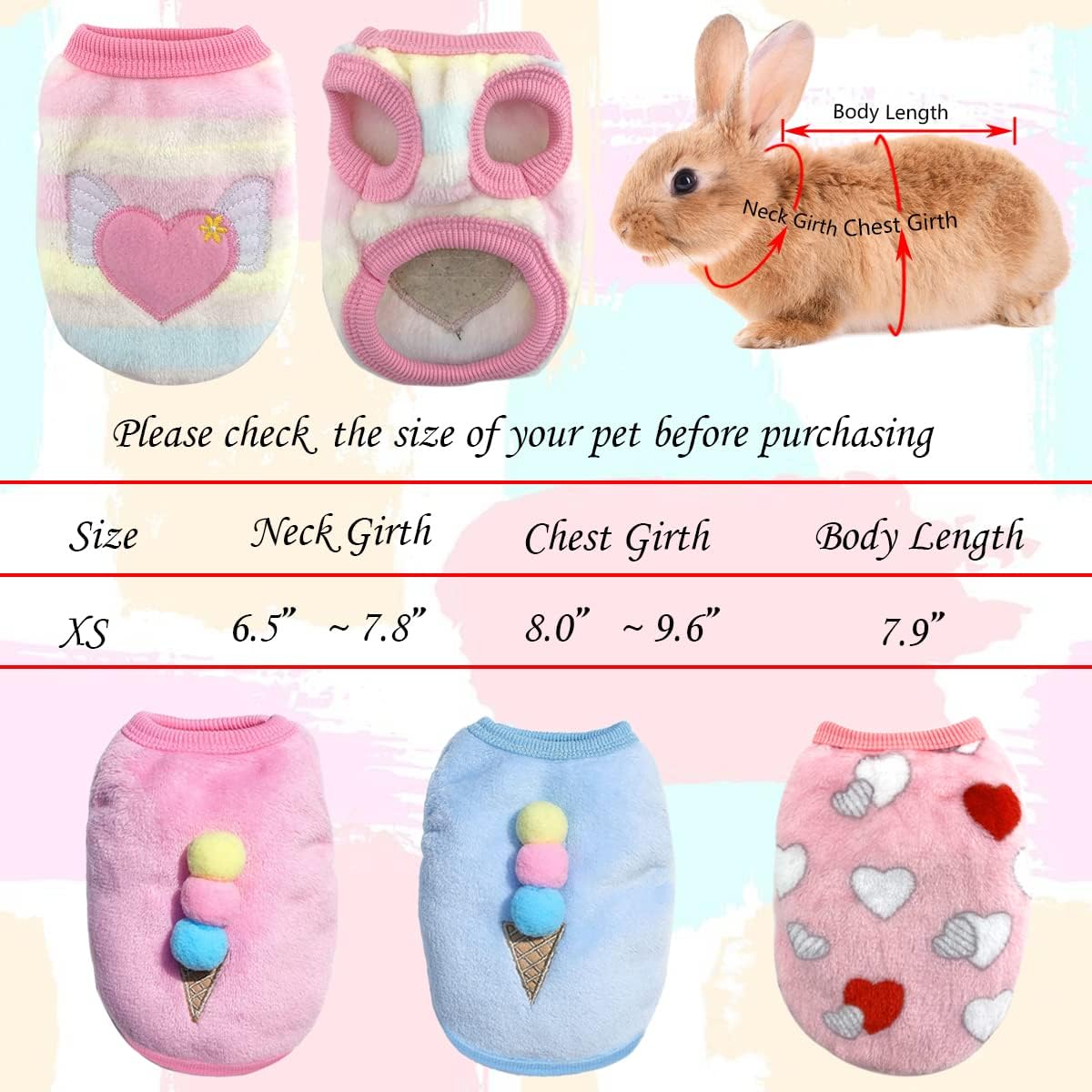 4 Pieces Bunny Clothes for Rabbits- Small Animal Guinea Pig Warm Vest Clothes Costume Soft T-Shirt for Kitten Ferret Chihuahua Puppy Mini Dog and Small Animals XS