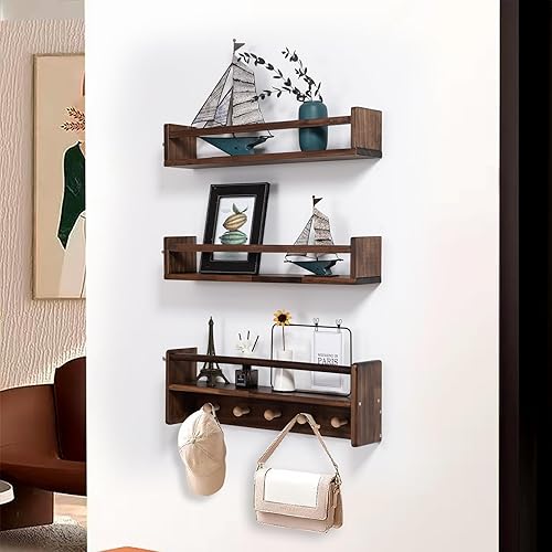 Miniatura 4 de AZSKY Estantes de pared flotantes de nogal claro, estante de libros para habitación de bebé, estantes de exhibición colgantes de 24 pulgadas para