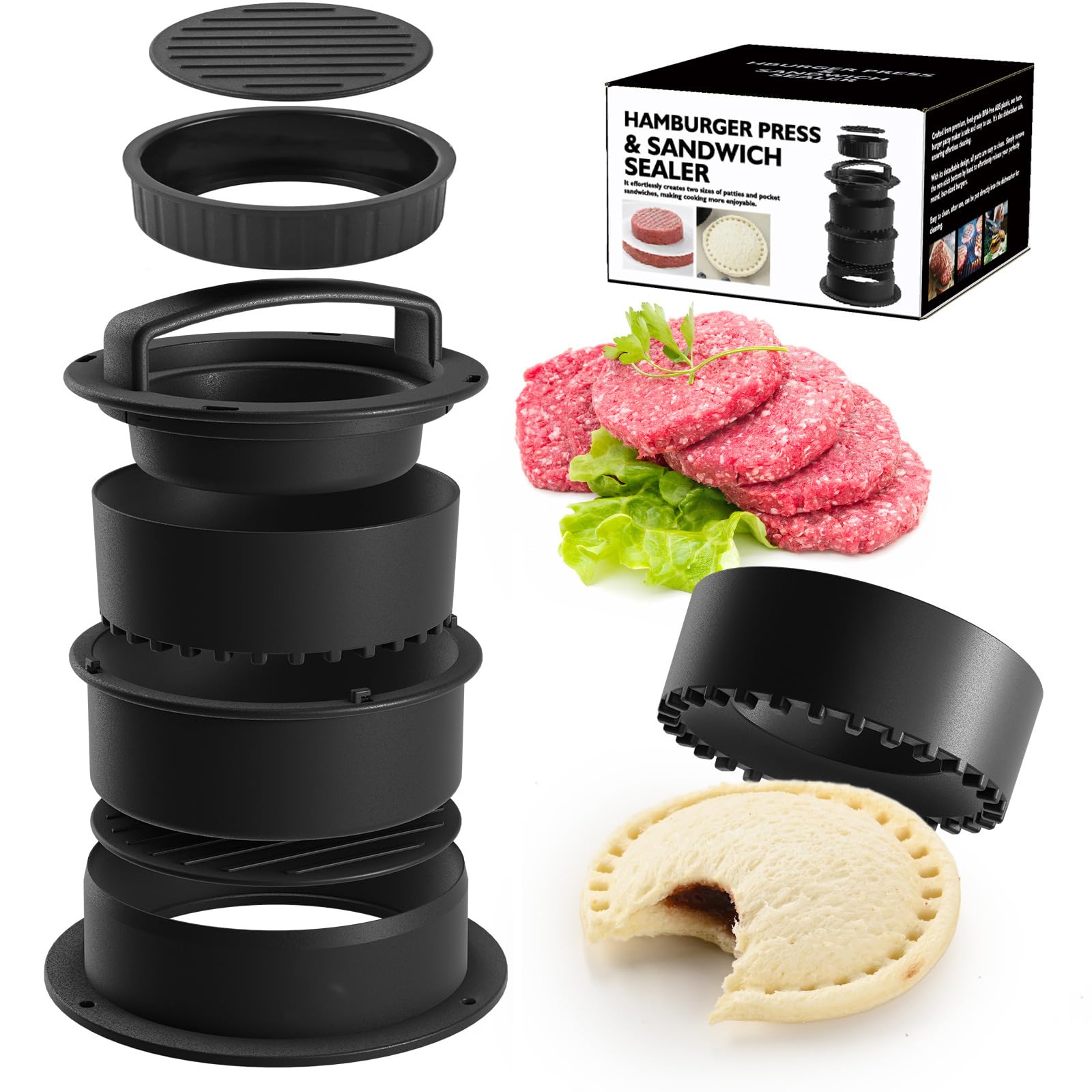 AmoillyBurger Press Patty Maker, 4 in 1 Burger Press Mold + Sandwich Press, With 100 Wax Papers Set, Non-Stick Hamburger Meat Mold Ring for Beef Grill, Veggie Burger, BBQ Barbecue, Microwave (4set)