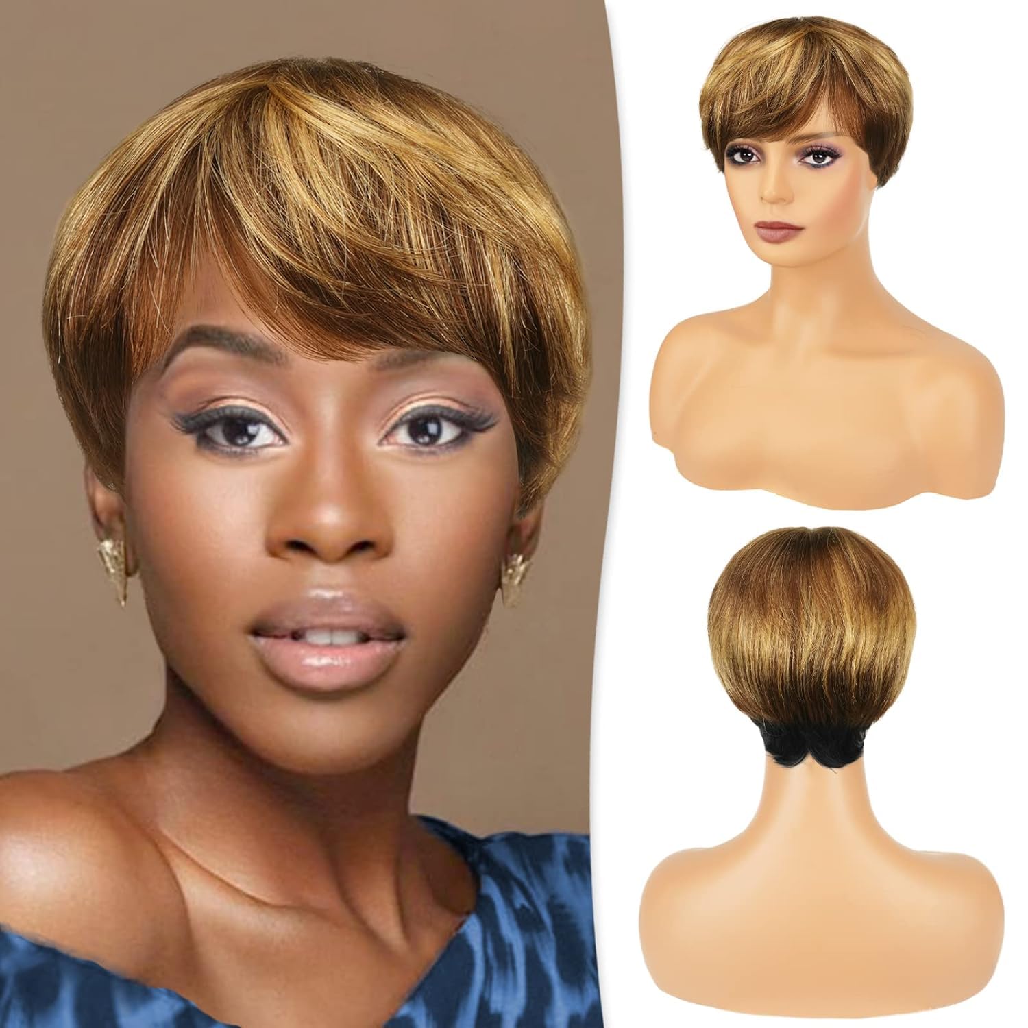 Fereowth Brown Short Human Hair Wig Pixie Cut Wigs with Bangs Short Straight Hair Wigs for Women 1B/30 Color