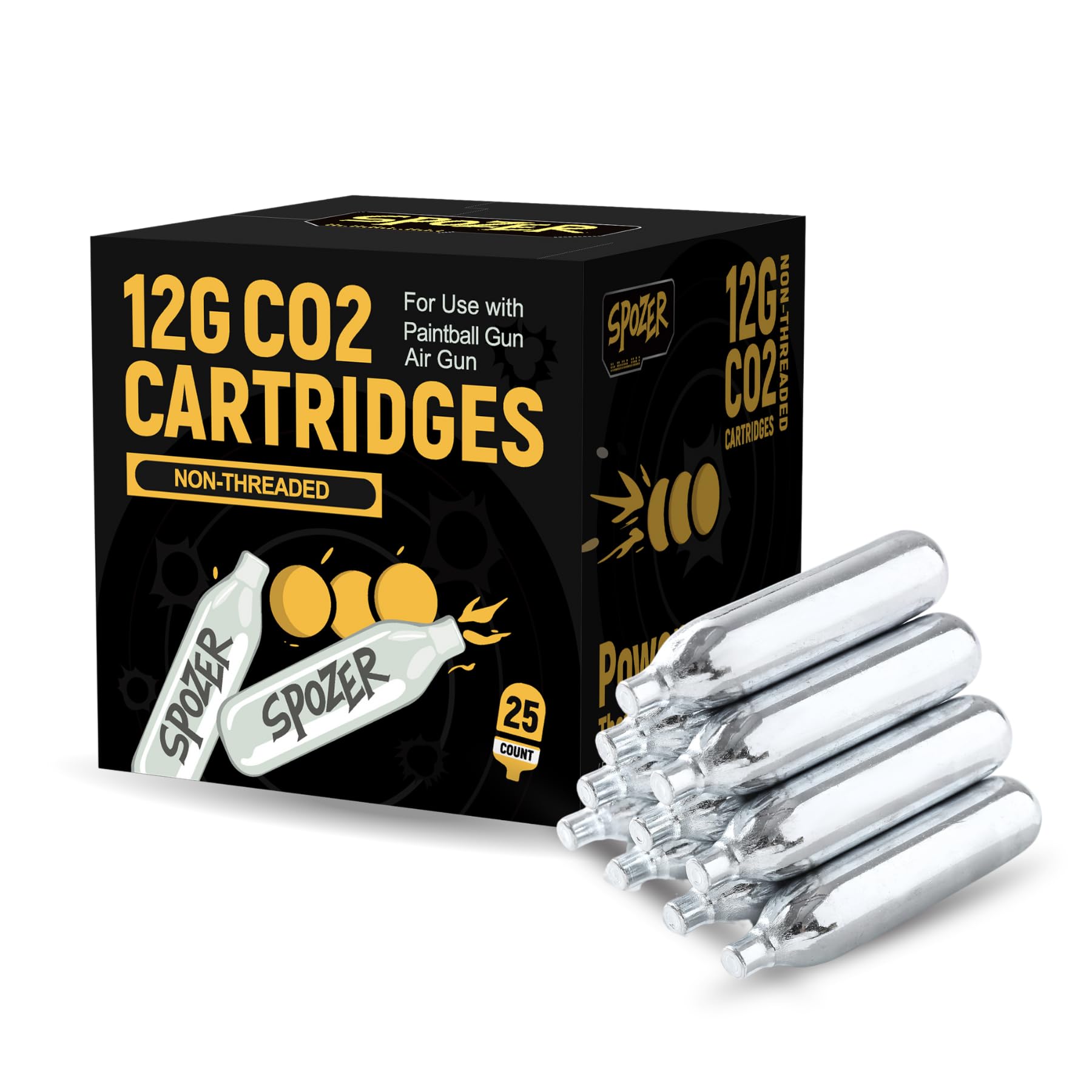 12g CO2 Cartridges  25 Pack, Non-Threaded Snug Fit, Compatible with CO2 BB Guns, Airguns, Air Pistols, Rifles, Airsoft, Pellet Guns, Paintball Markers & Accessories