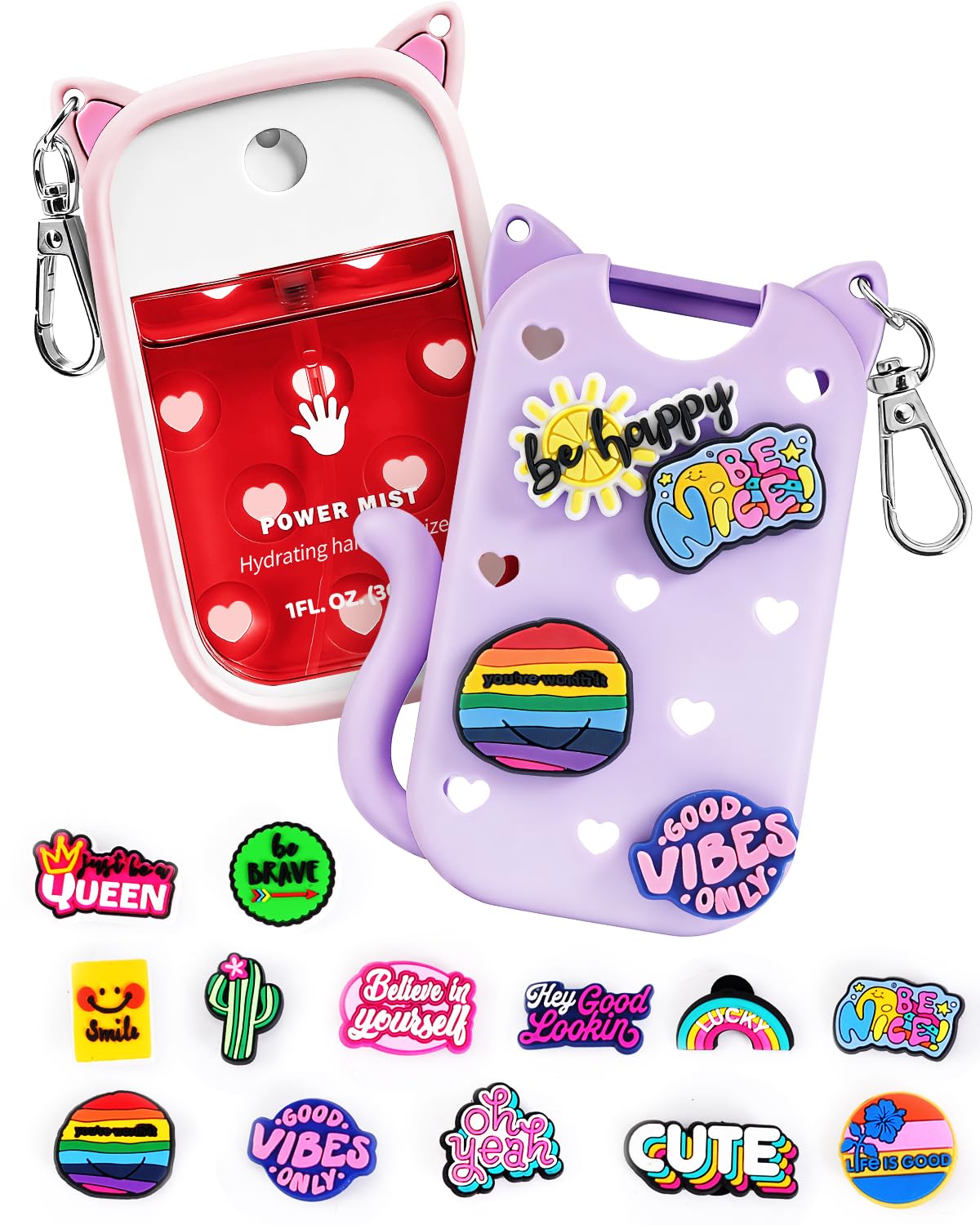 2PCS Hand Sanitizer Spray Case for Touchland 1oz — Silicone Holders with Keychain and 16 DIY Charms — Protective Cover for Power Mist for Glow Mist | Pink Purple