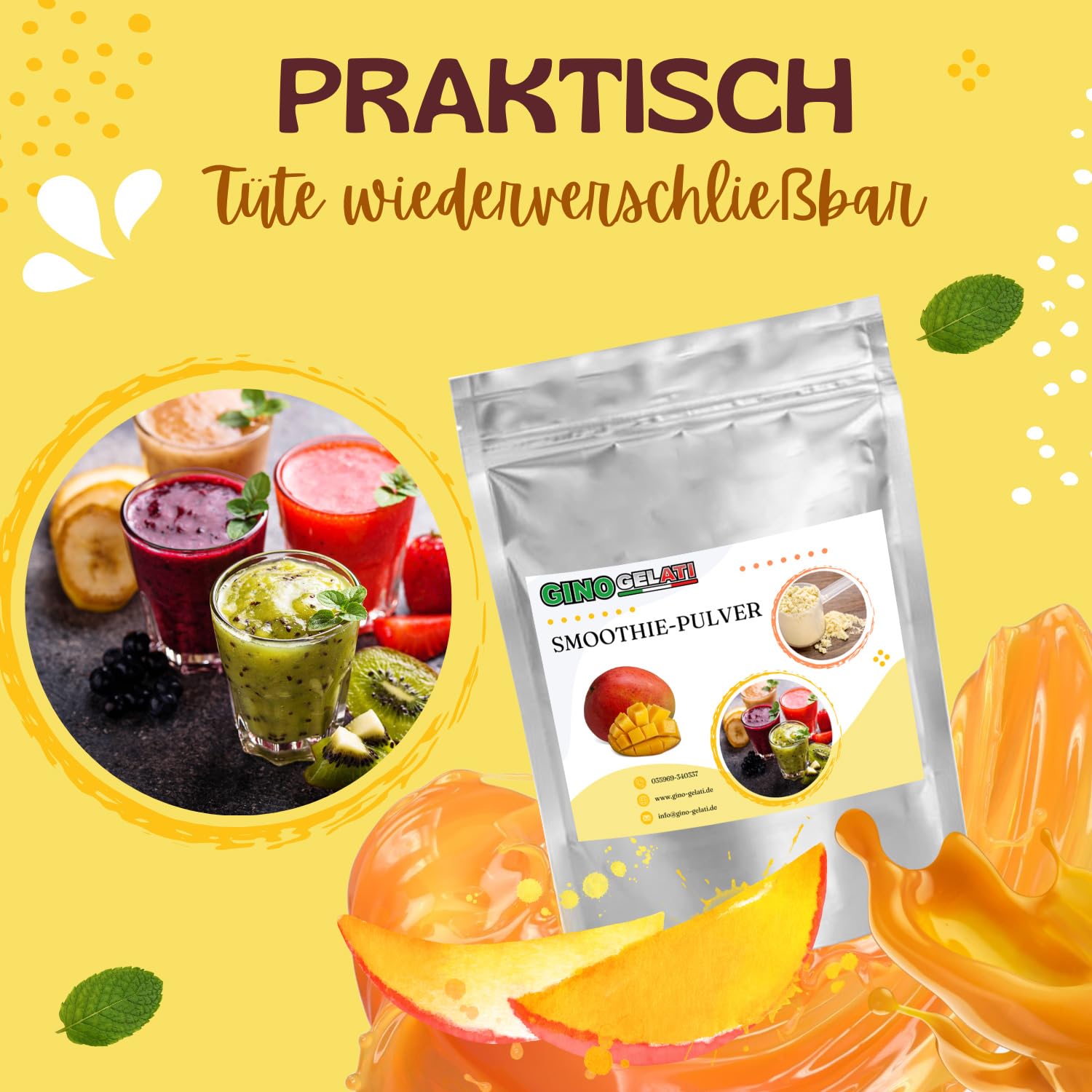 Gino Gelati Kaugummi Smoothie Pulver verschiedene Varianten und Größen verfügbar, schnelle und einfache Zubereitung, Mischverhältnis 1 : 8, Made in Germany, Vegan (1 Kg, Rosa)