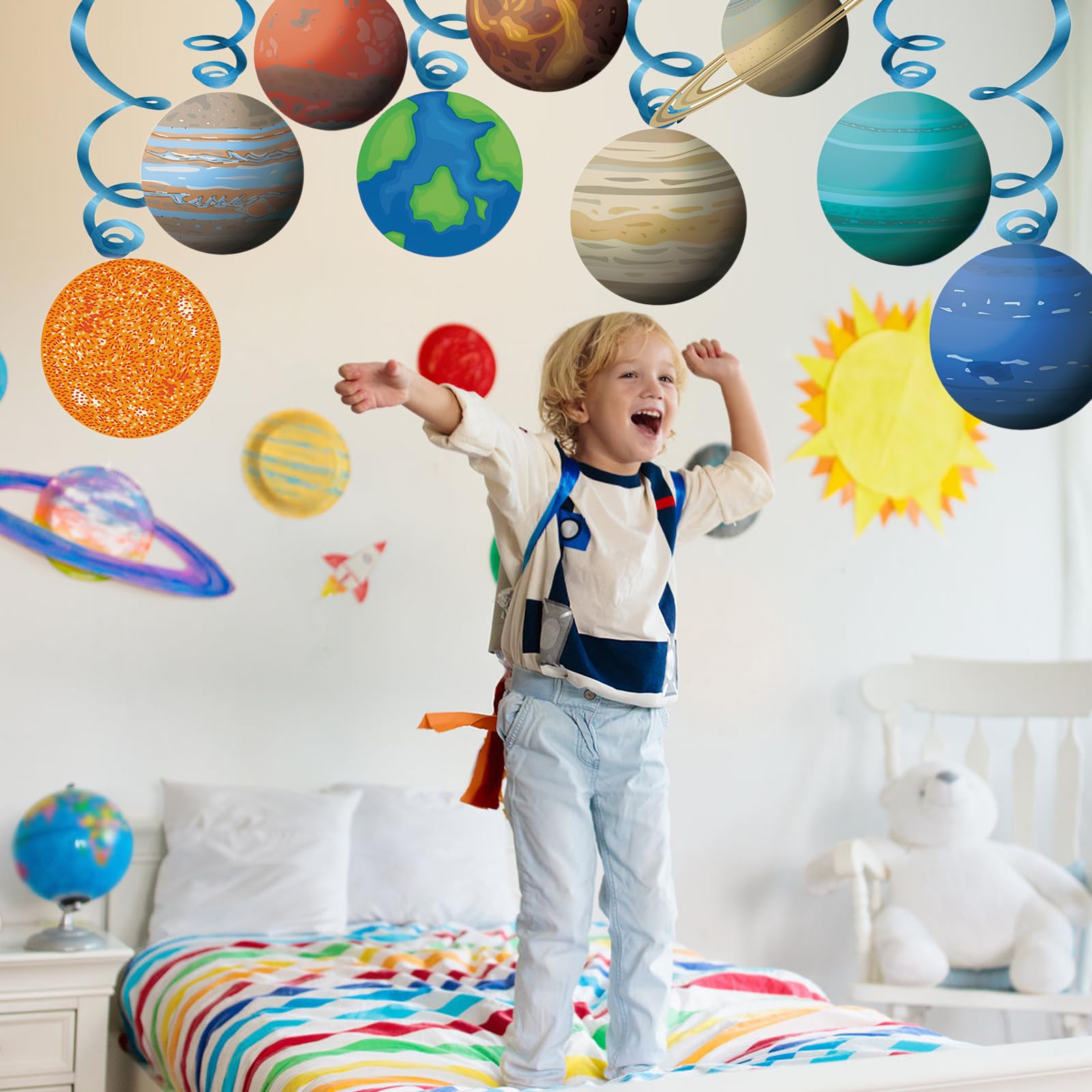 Set di decorazioni per pianeti – 26 pezzi modello di sistema solare, spazio per la cameretta dei bambini, decorazione con astronauti e razzi, ghirlande spaziali per feste di compleanno