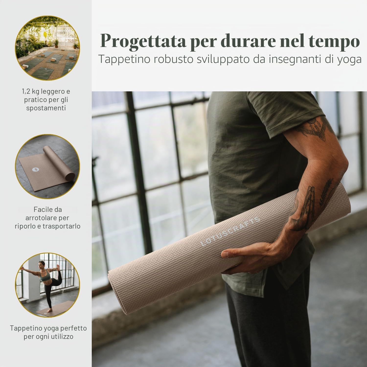 Lotuscrafts® Tappetino da yoga antiscivolo, 183 x 61 x 0,5 cm, leggero anche come tappetino da ginnastica, tappetino sportivo, delicato sulla pelle e privo di sostanze nocive
