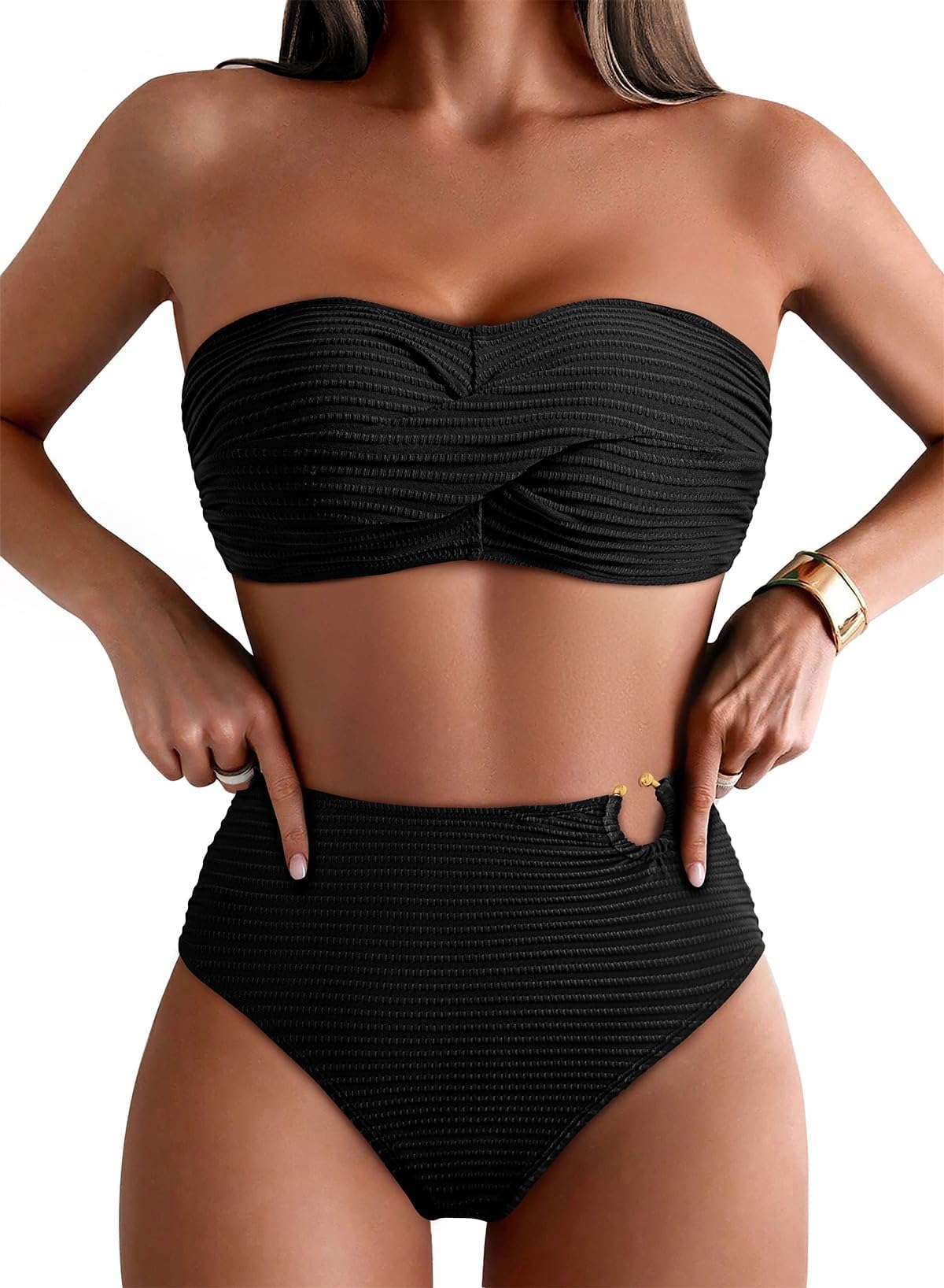 pink queen Women High Waist Bikini Set Bandeau Top Metal Ring Bathing Suit Swimsuit-picture-23