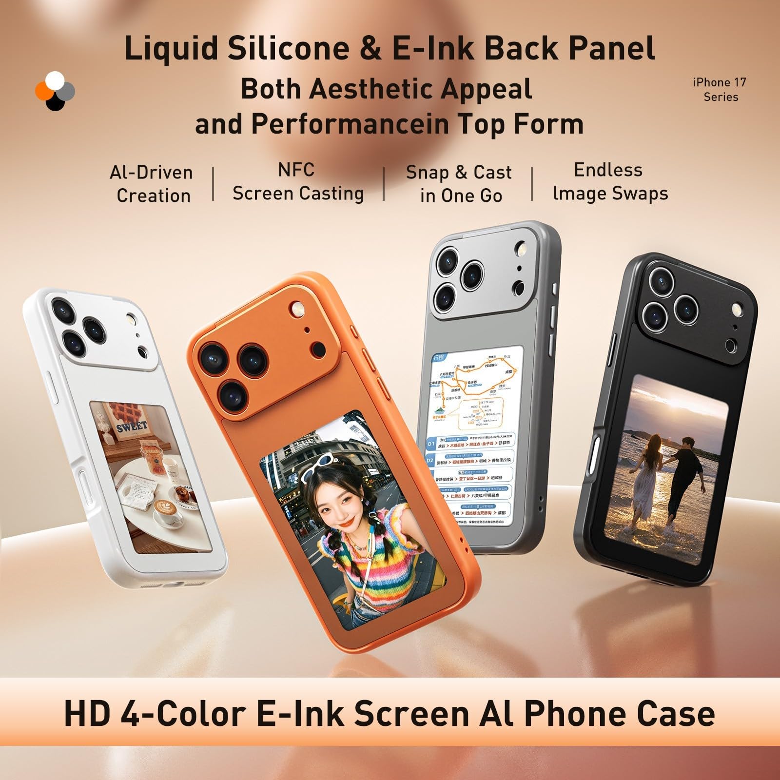 Funda de tinta inteligente para iPhone, funda personalizable de tinta electrónica para iPhone con tecnología NFC y pantalla personalizada de imagen/imagen/foto/texto (17 promax negro)