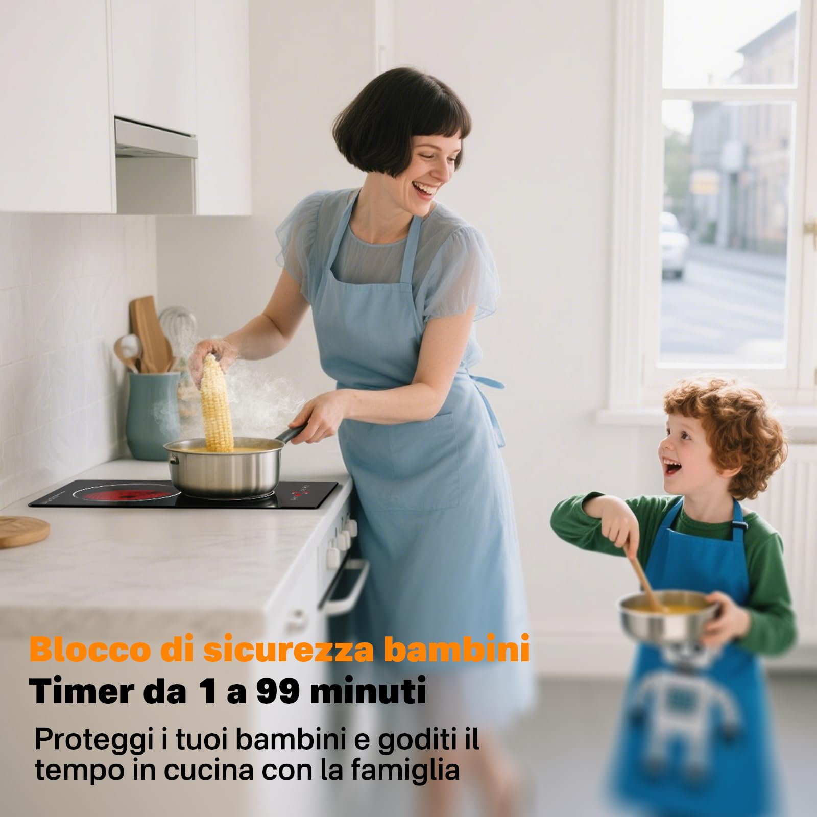 Piano Cottura Elettrico 2 Fuochi 3000W, Incasso o Appoggio | Fornello Elettrico 2 Piastre in Vetroceramica con Controllo Touch, 9 Livelli, Timer, Blocco di Sicurezza